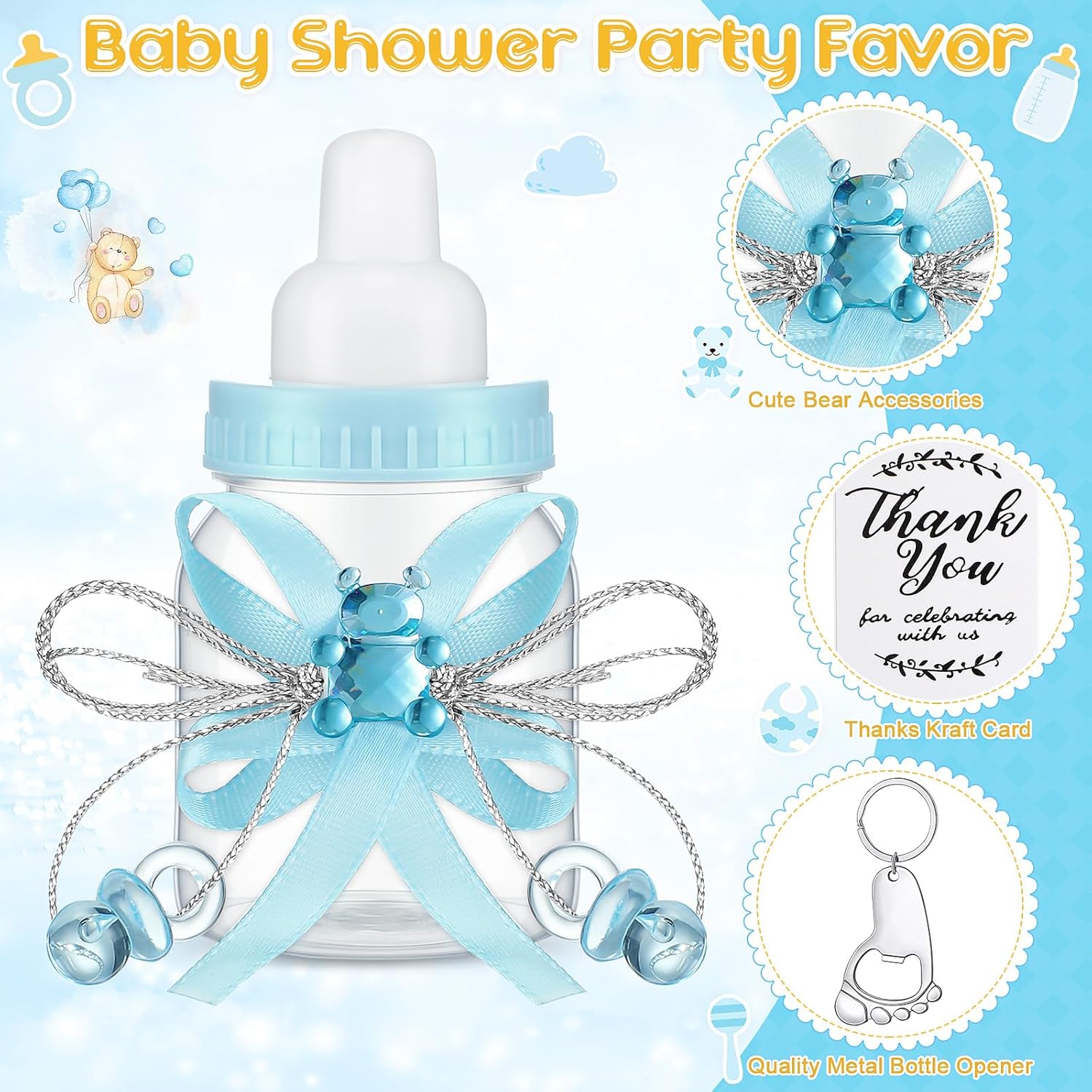 Sunnyray 150 Pcs Baby Shower Party Gift Bottles Games 50 Mini Milk Baby Bottles 50 Footprint Bottle Openers 50 Thank You Tag for Girl Boy Baby Shower Party Guest Return Gifts(Blue, Silver)