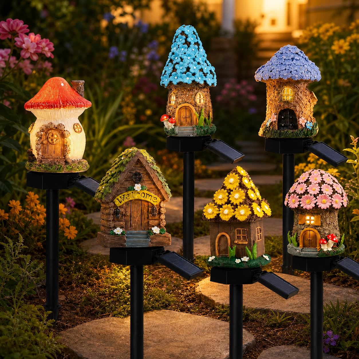 Solar Fairy-Tale Mushroom Cottage Garden Light,Mini Solar Mushroom House Lights,Waterproof Resin LED Landscape Lamp Stake Lights for Outdoor Yard Patio Lawn Decor,Auto on/Off