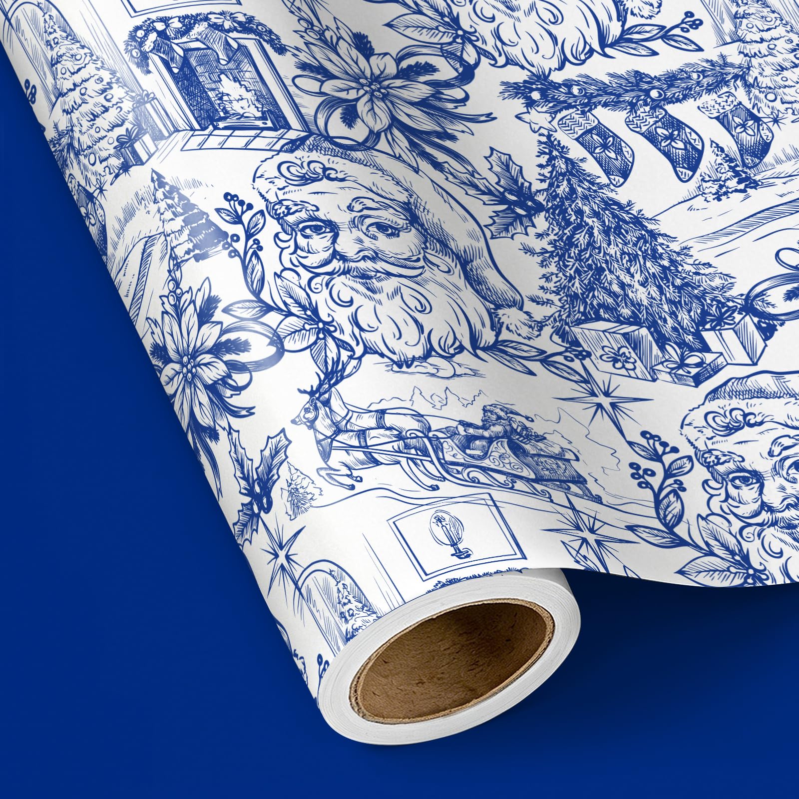 RUSPEPA Reversible Toile Christmas Wrapping Paper Mini Roll, Blue & White Vintage Santa Toile with Solid Blue, Double-Sided Gift Wrap, 43.2cm x 5m