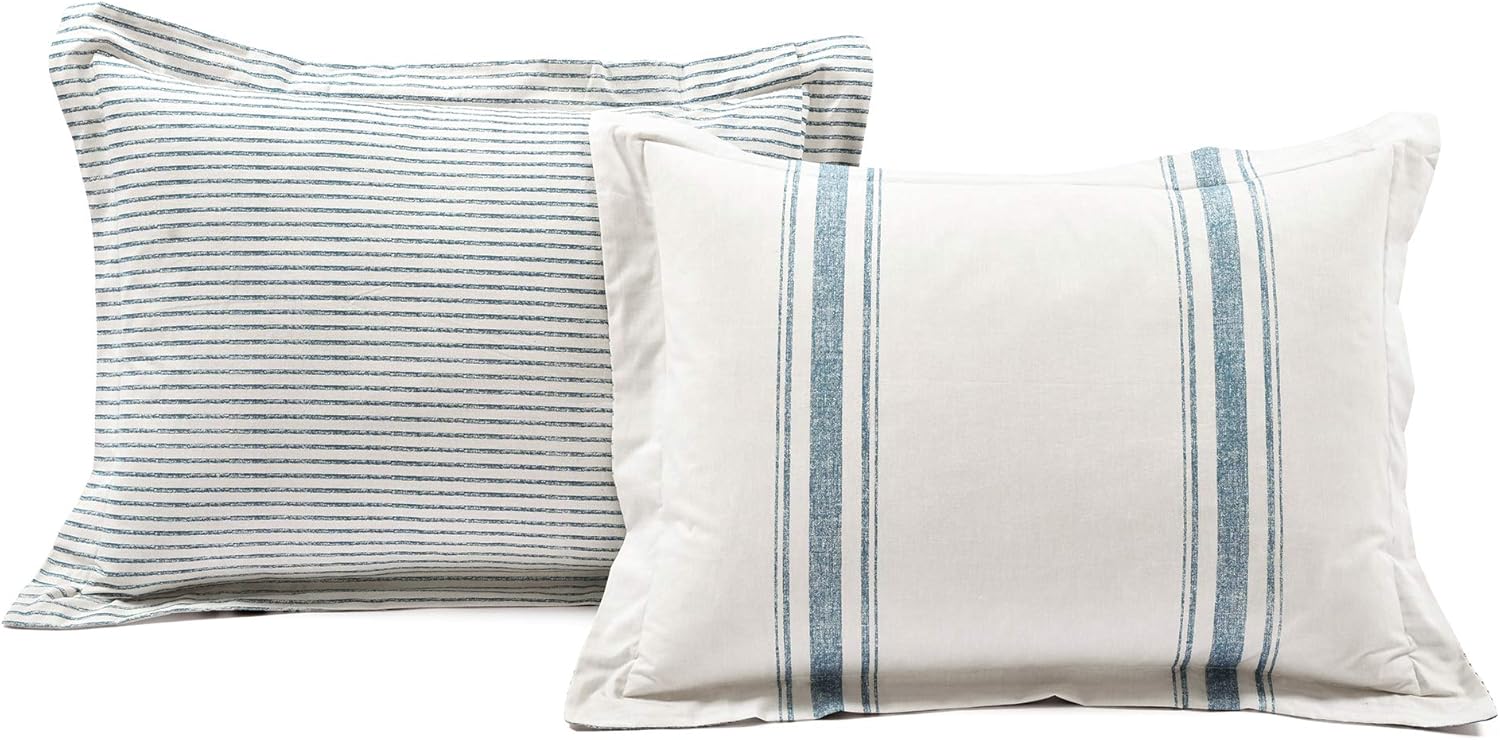 Lush Decor Farmhouse Stripe Reversible Cotton Duvet Cover King Size 3 Piece Set Blue - Farmhouse Bedding Set King - Striped Duvet Cover