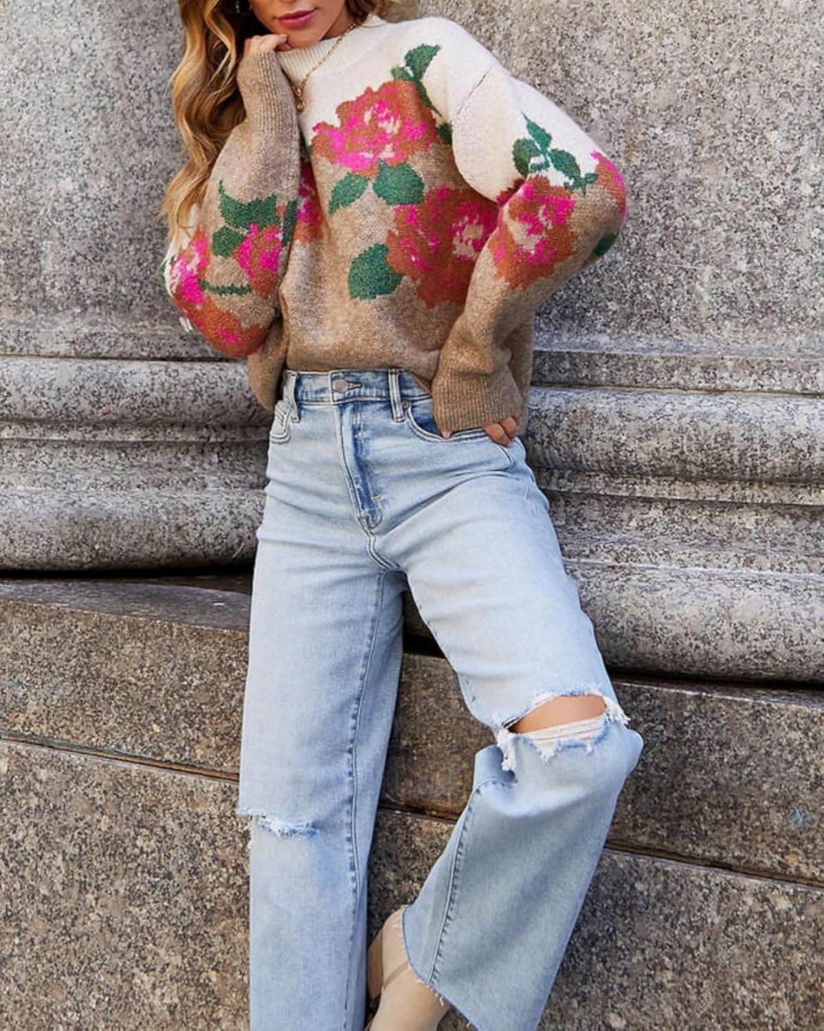 Women's Flower Sweater Crew Neck Casual Long Sleeve Drop Shoulder Pullover Sweaters Knit Top - Image 5