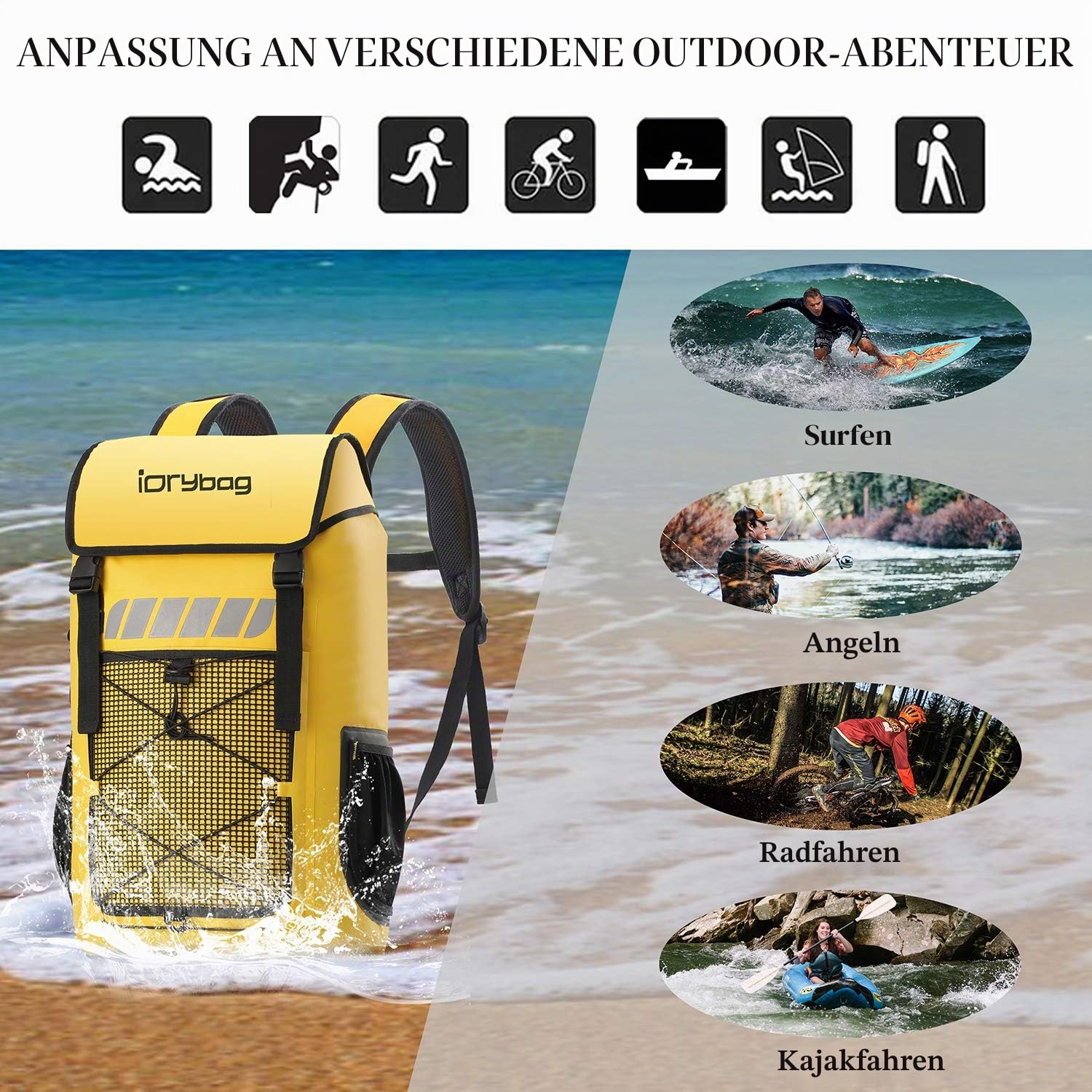 IDRYBAG Wasserdichter Rucksack für Herren 25L/45L, wasserdichte Taschen zum Kajakfahren, wasserdichter Rucksack zum Wandern.