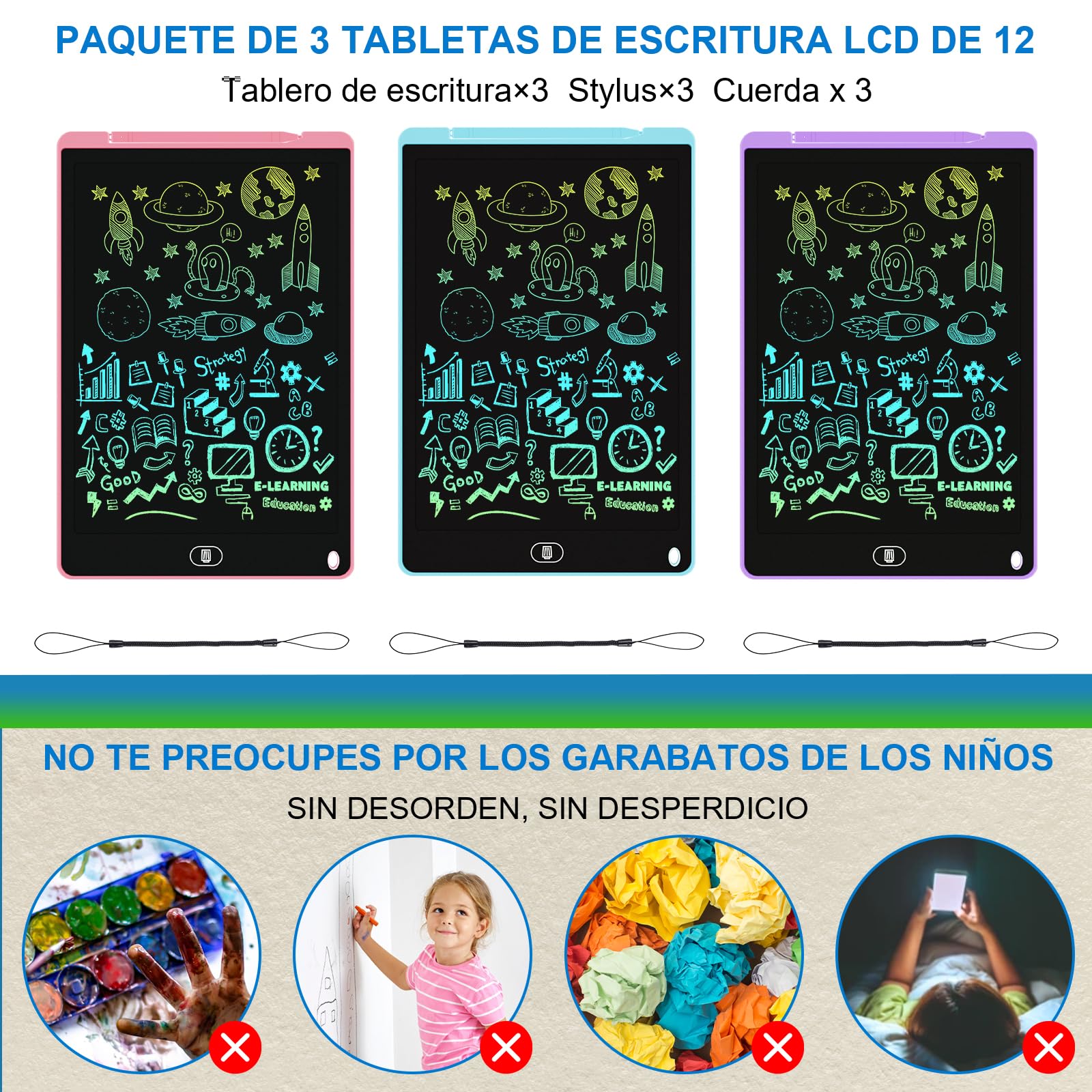 3 Packs 12 Pulgadas Tableta Escritura LCD, Electight Tablet Escritura Pantalla Colorido Infantil, Juguetes Educativo Niños con Borrable y Bloqueo Función, para el Hogar, Escuela, Azul+Rosa+Morado — view 5