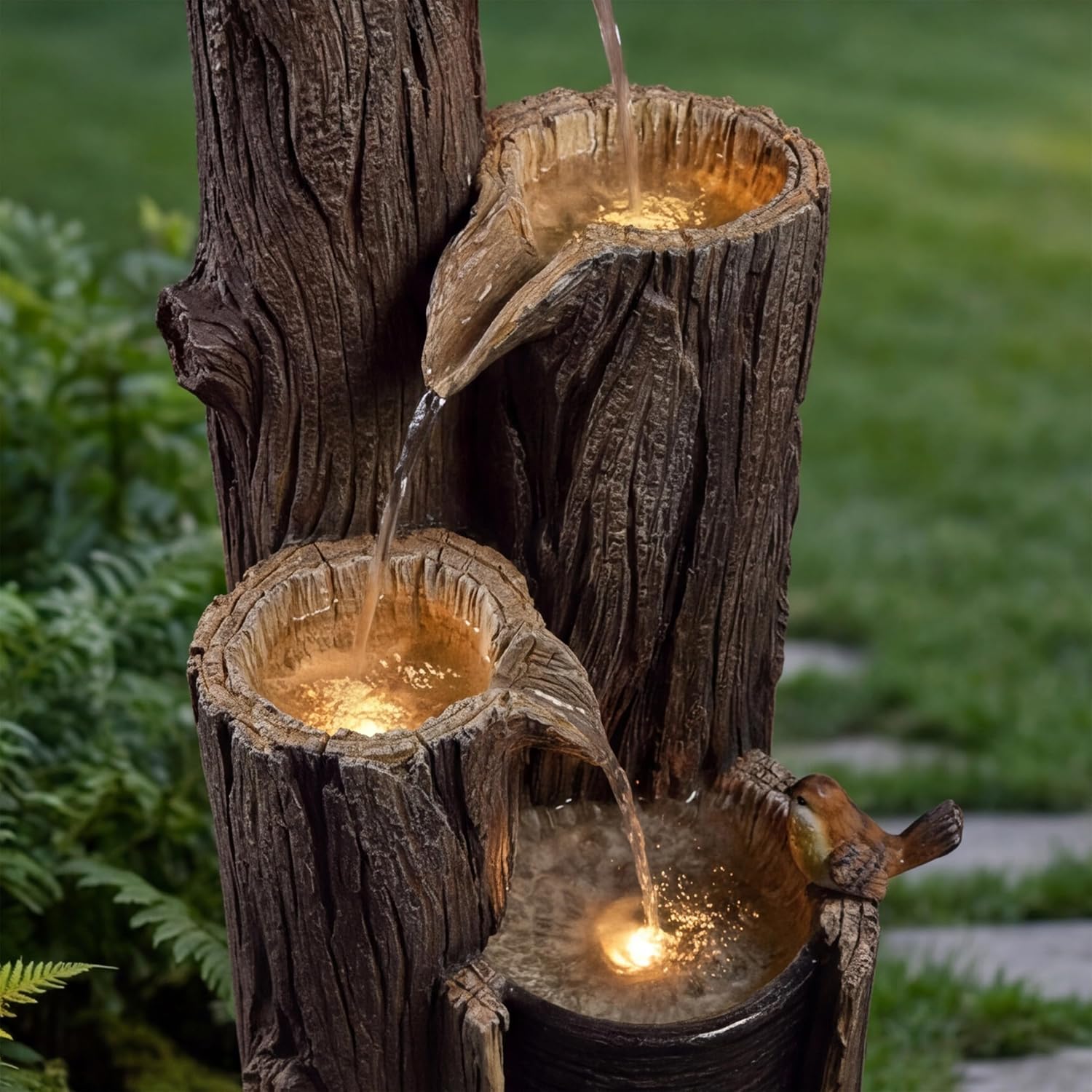 42-Inch Outdoor Water Fountain, 4-Tier Resin Birdhouse Waterfall Fountain with 4 Warm LED Lights, Rustic Tree Trunk Design, Home Decor for Garden, Porch, Deck, Yard, Patio, Lawn in Black