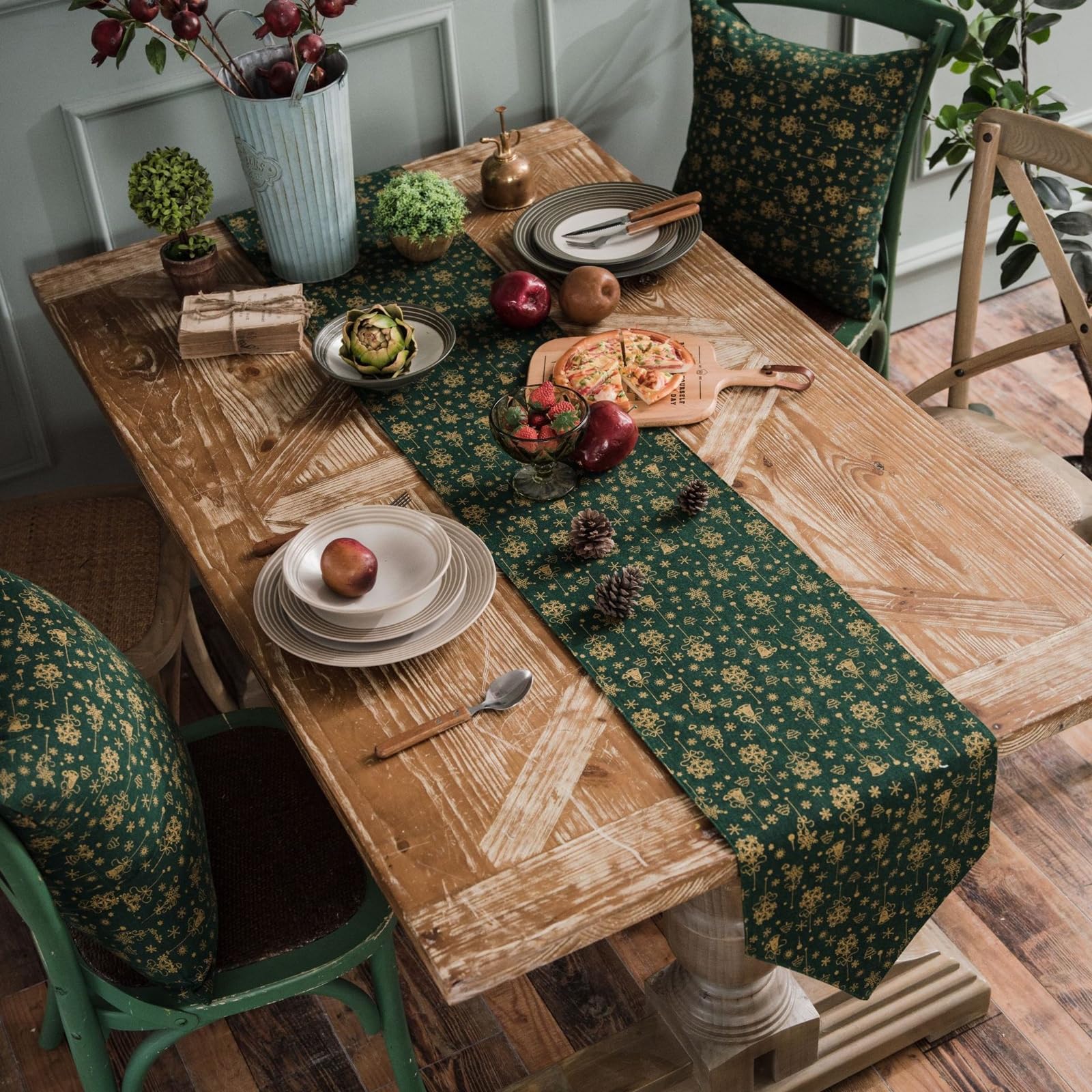 Runner da Tavolo Cotone Lino 30x200 cm, Runner da Tavola Moderno Lavabile Motivo Campanelle Natalizio e Fiocchi di Neve Decorazioni Matrimonio Tavoli per Cucina, Verde