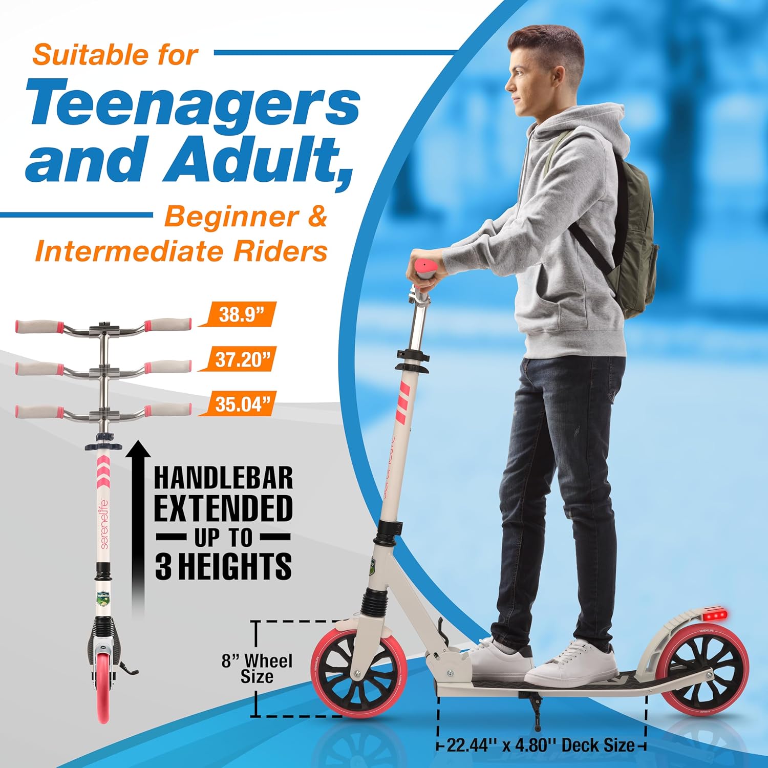 SereneLife Two Wheel Scooter for Teens, Smooth Gliding Kick Scooter for Adults w/Adjustable Height for Ages 8+, Portable All Terrain Scooter w/Carry Straps, Easy to Fold