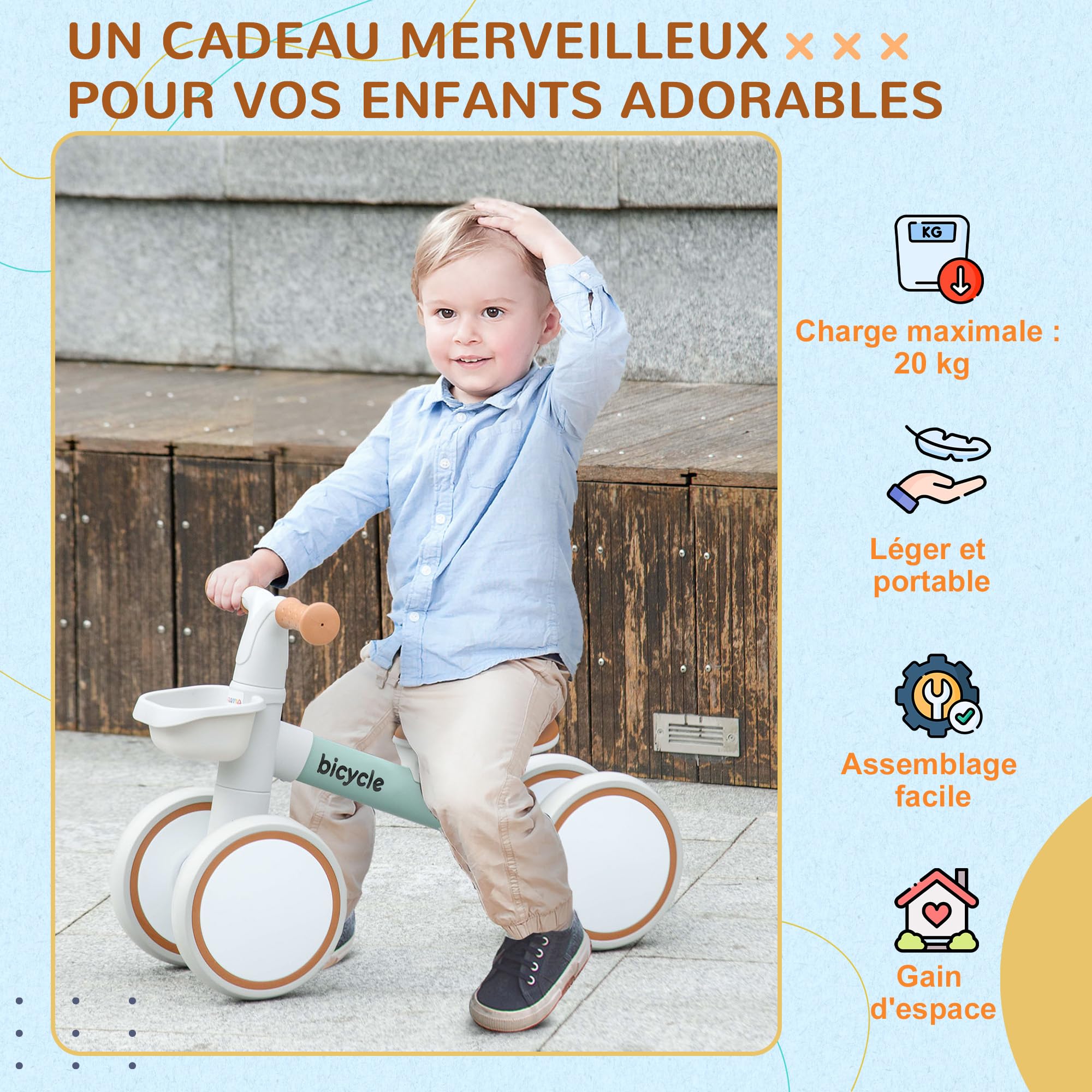AIYAPLAY Draisienne bicicletta Bambino 4 Ruote Sella regolabile, manubrio ergonomico Lega alu. PP Grigio marrone verde, bambino da 1 a 3 anni