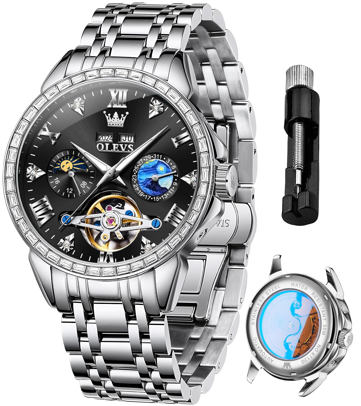 OLEVSMens Luxury Skeleton Automatic Watch Diamond Self Winding Mechanical Timepiece Gifts Luminous Waterproof