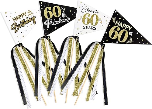 Ercadio Paquete de 8 banderas de papel vintage de 1964 con banderines dorados impresionantes desde 1964, banderas triangulares con cintas, banderas