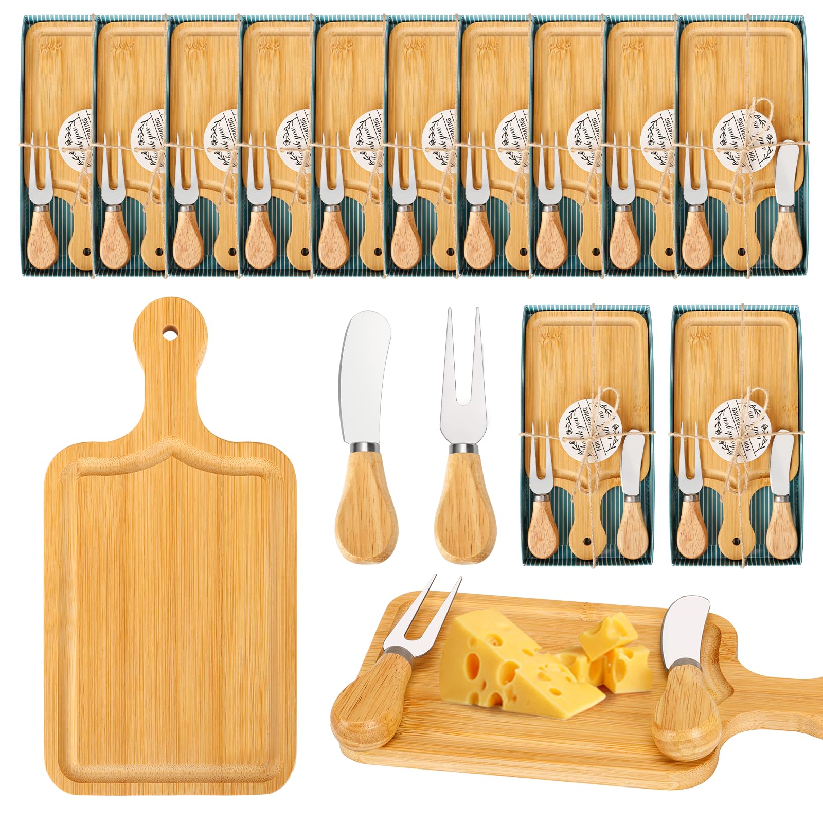 12 Sets Bridal Baby Shower Prizes for Game Winners Bamboo Square Mini Charcuterie Cheese Boards Butter Spreaders Forks with Thank You Tags Gift Box for Guests Wedding Birthday Party Favors