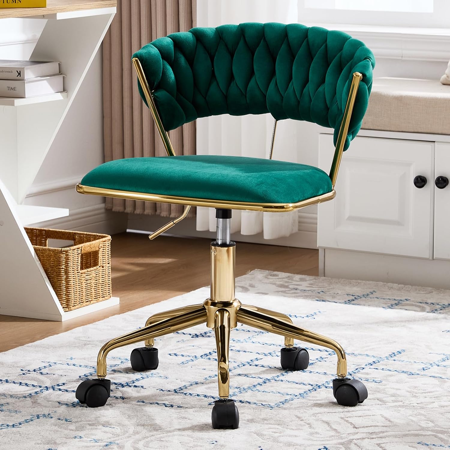 NIOIIKIT Home Office Chair Velvet Upholstered Task Chair with Woven Open Back 360 Swivel Desk Chair with Wheels