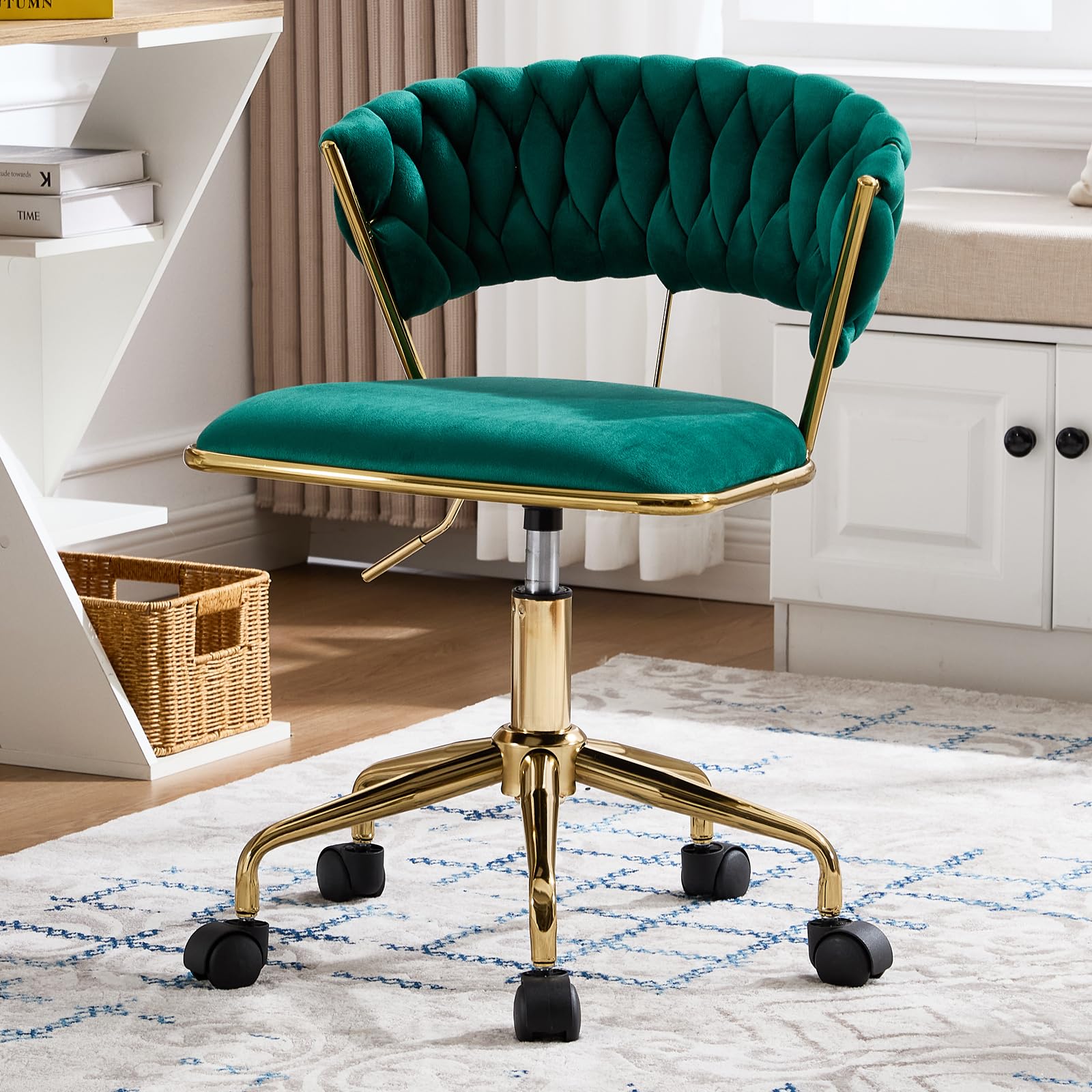 NIOIIKIT Home Office Chair Velvet Upholstered Task Chair with Woven Open Back 360 Swivel Desk Chair with Wheels
