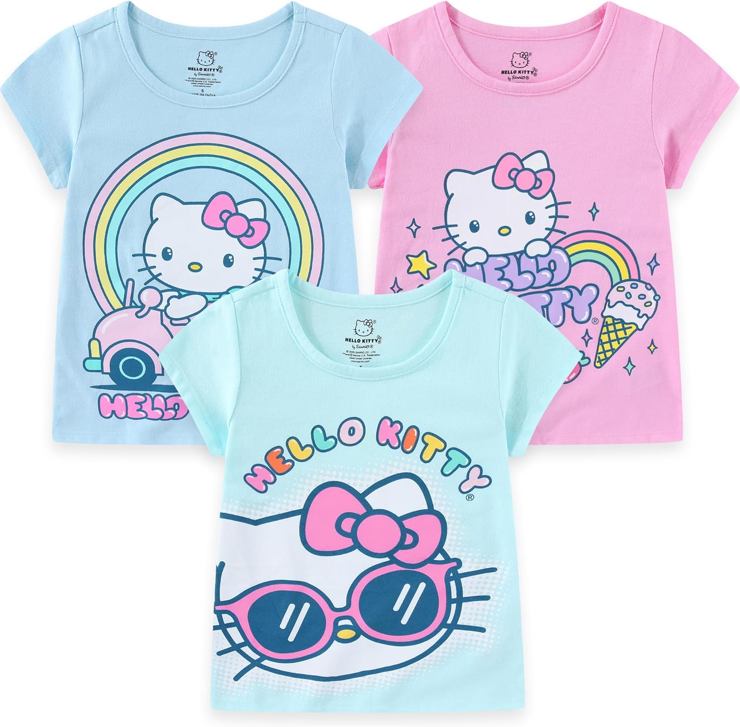 Hello Kitty Sanrio Girls 3 Pack Short Sleeve T-Shirt for Little and Big Kids