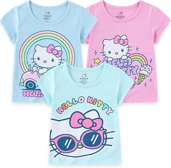 Hello Kitty Sanrio Girls 3 Pack Short Sleeve T-Shirt for Little and Big Kids