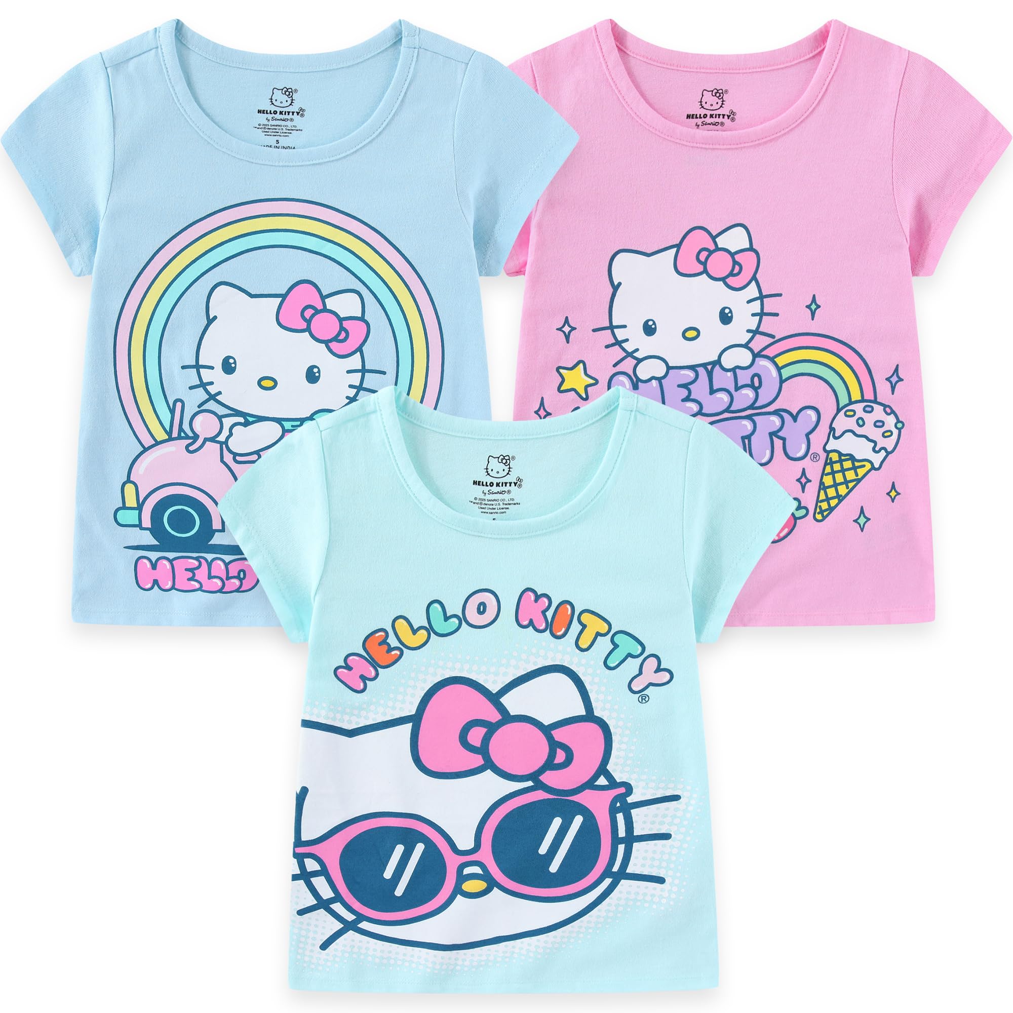 Hello Kitty Sanrio Girls 3 Pack Short Sleeve T-Shirt for Little and Big Kids