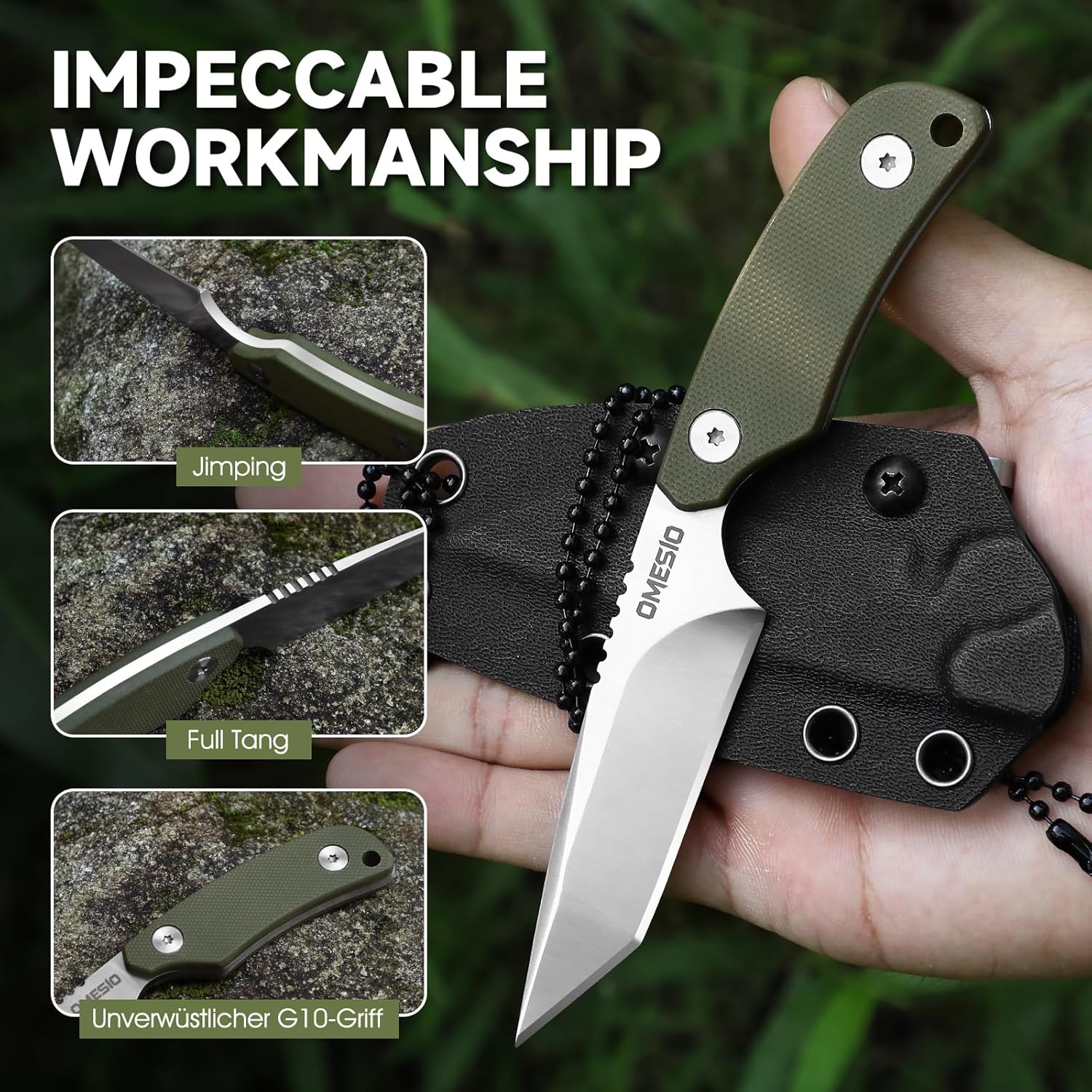 Omesio Compact Neck Knife,Fixed Blade Knife with Kydex Sheath,Campact Full Tang Neck Knife with Clip,Small EDC Knife for Outdoor, Survival, Hiking, Camping