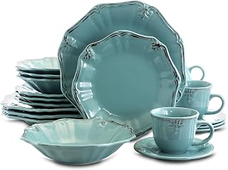 Elama Scalloped Round Stoneware Elegant Dinnerware Dish Set, 20 Piece, Turquoise