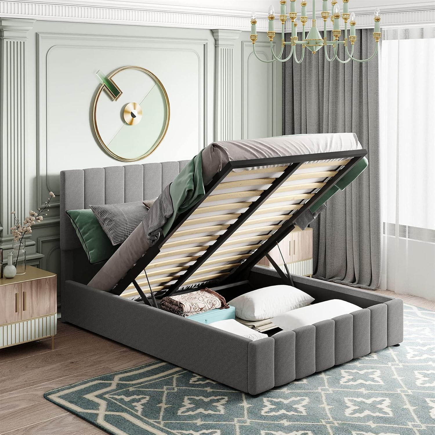 Upholstered Platform Bed with Gas Lift up Storage, Full Size Bed Frame with Storage