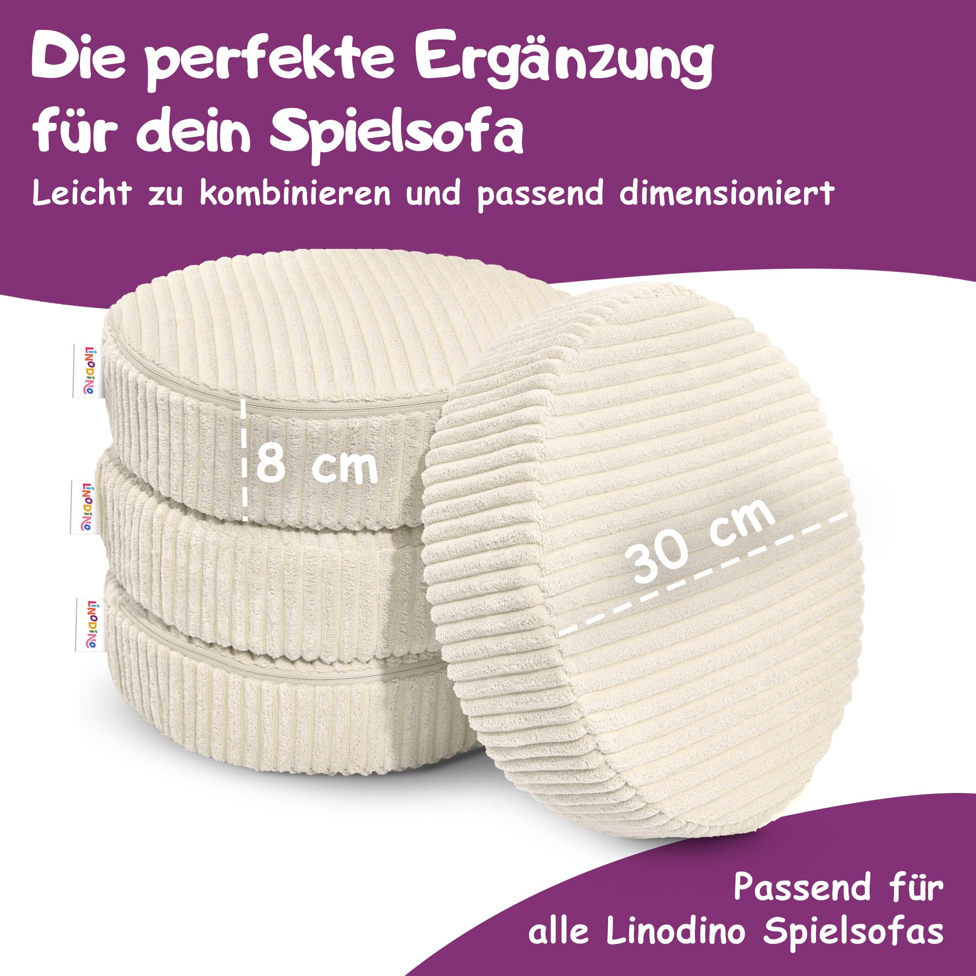 Linodino® Zaubersteine – Spielsofa Add-ons im 4er-Set | Vier Runde Schaumstoff-Kissen als Erweiterung zum Balancieren, Stapeln & Spielen I Elfenzauber Beige