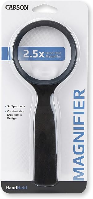 Carson Handheld JS-40 lupa ręczna z 2,5-krotnym powiększeniem i zintegrowaną soczewką spotową z 5-krotnym powiększeniem