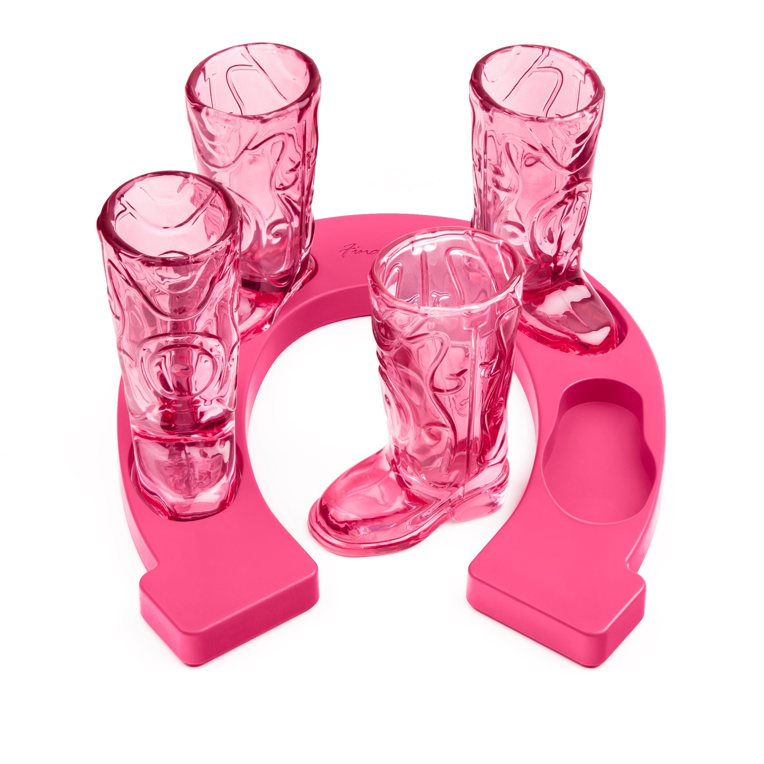 Final Touch Horseshoe Boot Shot Glass Set – 4X 1oz Pink Cowgirl Boot Glasses with Horseshoe-Shaped Serving Tray – Western Design, Non-Slip Feet – Ideal for Whiskey, Tequila, Bourbon Shots (GG5027)