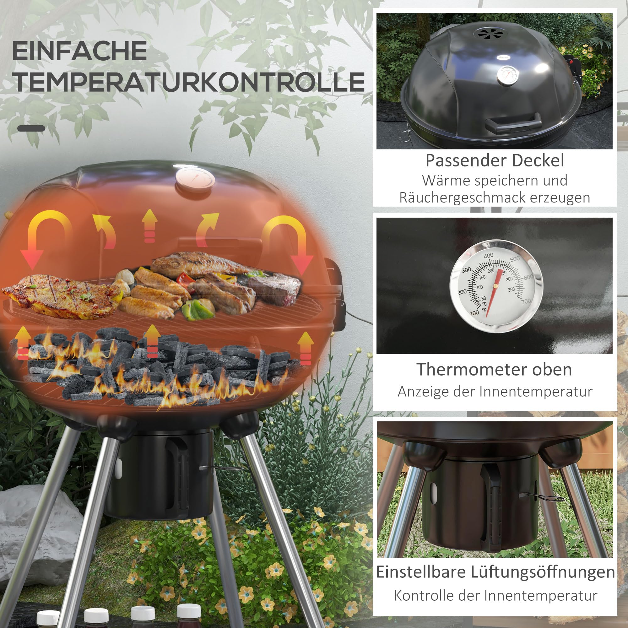 Outsunny Houtskoolbarbecue, Veelzijdige BBQ-smoker Met 2 Grillroosters Opbergruimte Handdoekhouder 113 X 65 X 108 Cm Zwart Aosomnl