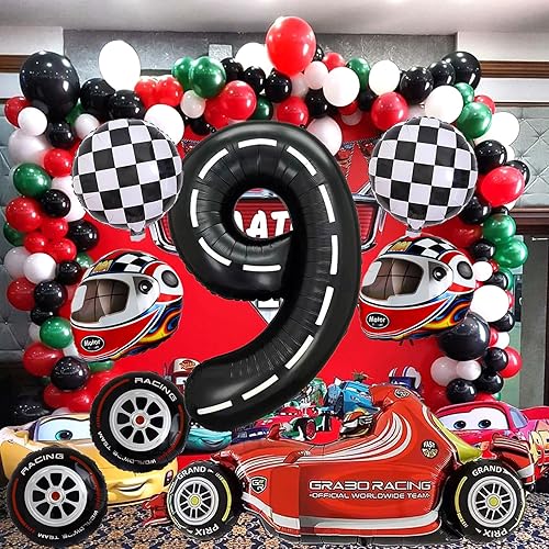 Miniatura 4 de Stcomart 8 decoraciones de fiesta de autos de carreras, globos negros del número 9, globos a cuadros para niños de 9 cumpleaños