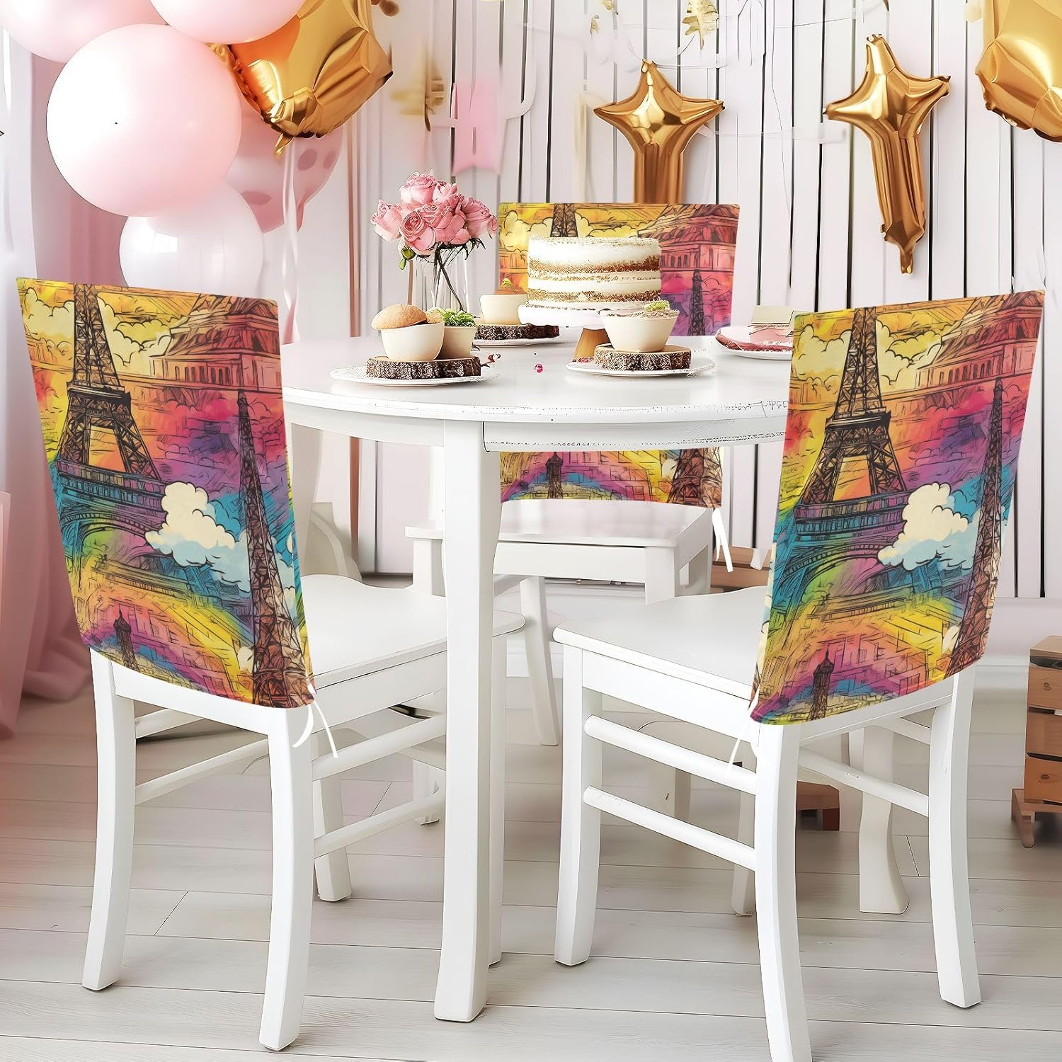 ALAZA Rainbow Color Eiffel Tower Chair Back Cover Set of 6, Washable Reusable Removable Chair Slipcovers Decorative Chair Cover for Home Kitchen Wedding Party