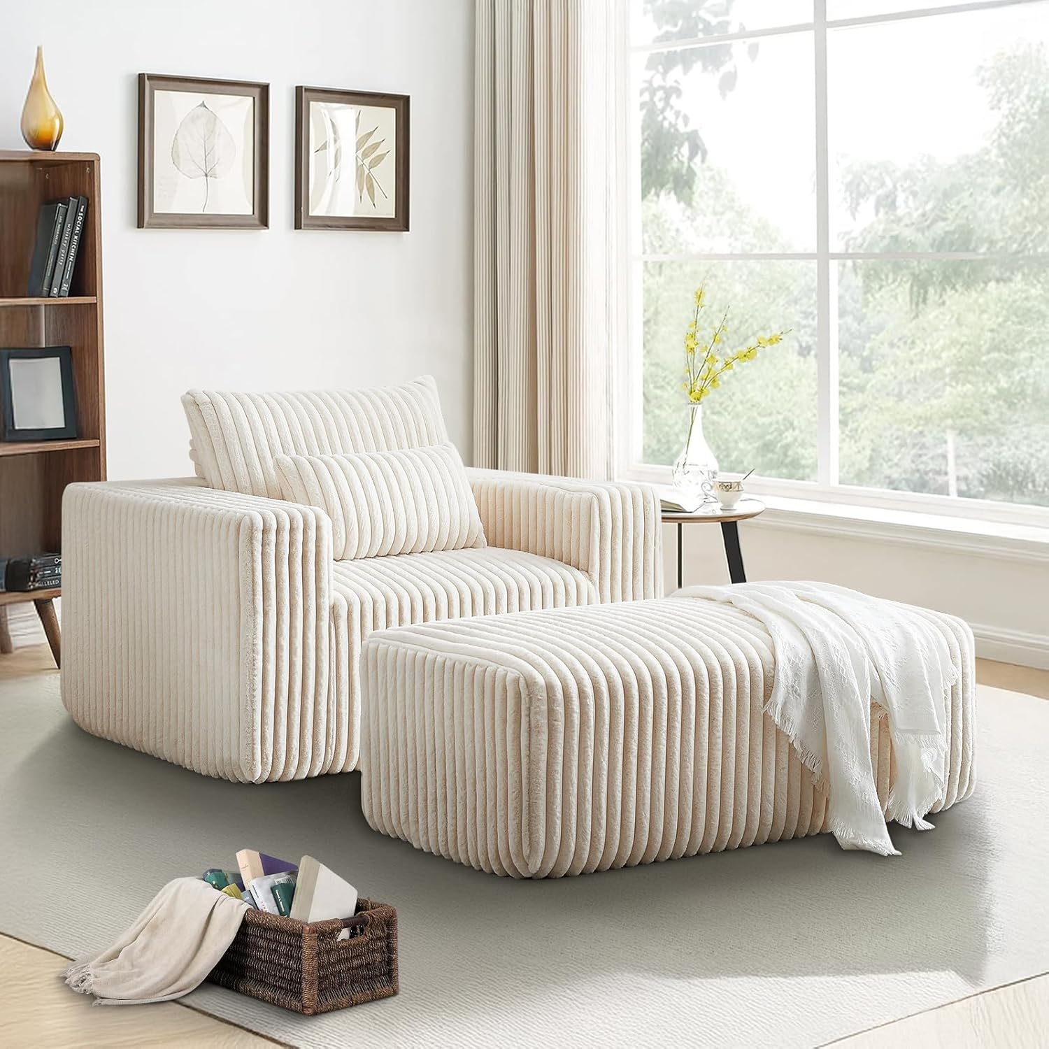 Chaise Lounge Chair Indoor,48.5"W Oversized Chair with Ottoman,Upholstered Corduroy Sofa,Comfy Lounge Couch,Modern Deep Seat Sofa,Cozy Leisure Sleeper Armchair Sofa Bed for Living Room,Bedroom(Beige)