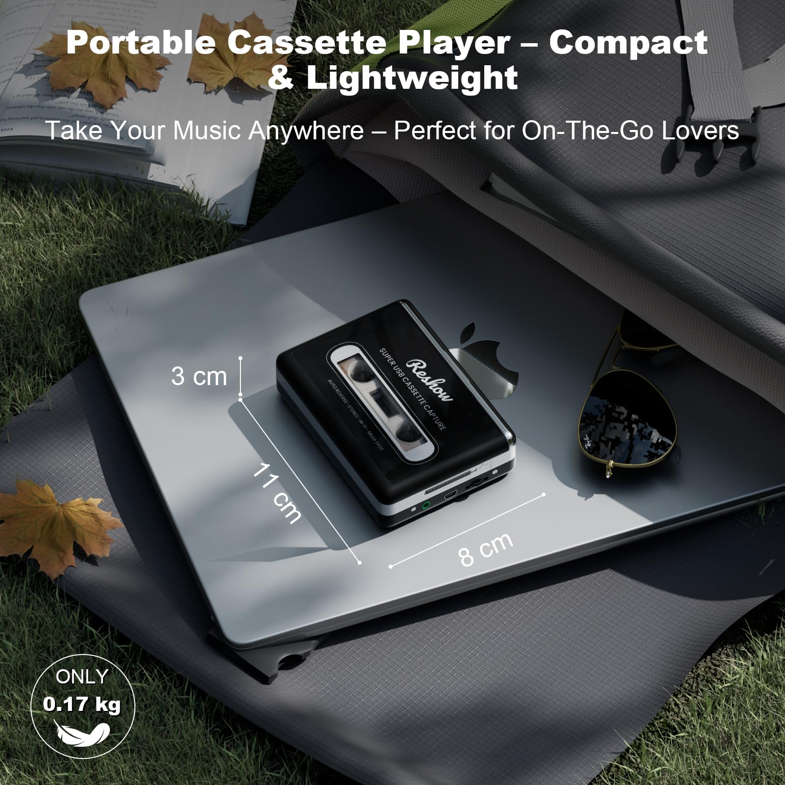 Reshow Lecteur de cassettes - Lecteur de cassettes portable - Convertisseur de cassettes audio analogiques vers numériques, compatible avec ordinateurs portables et ordinateurs personnels - Convertit