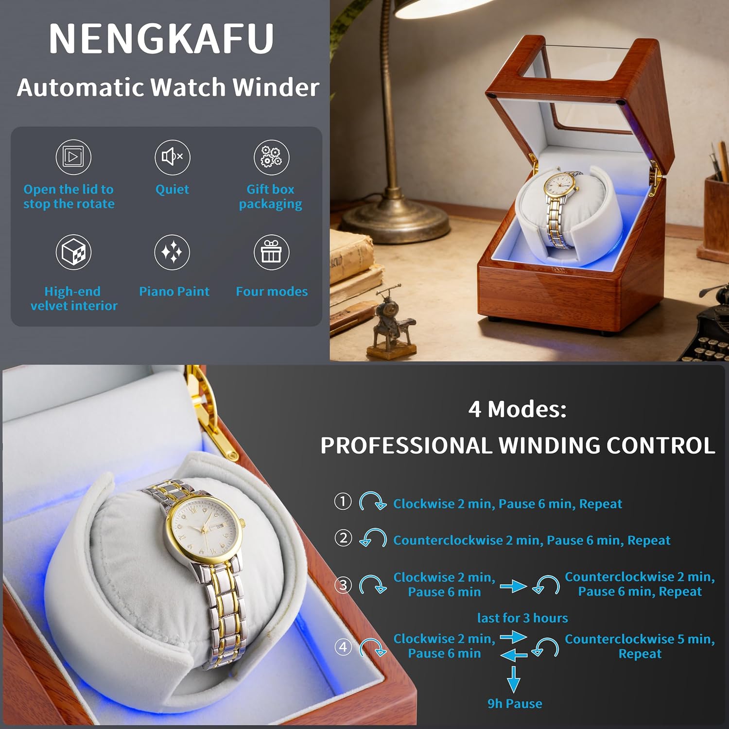 Single Watch Winder for Automatic Watches | Quiet Motor, LED Light, Soft Velvet Watch Pillow, High-End Piano Lacquer Appearance