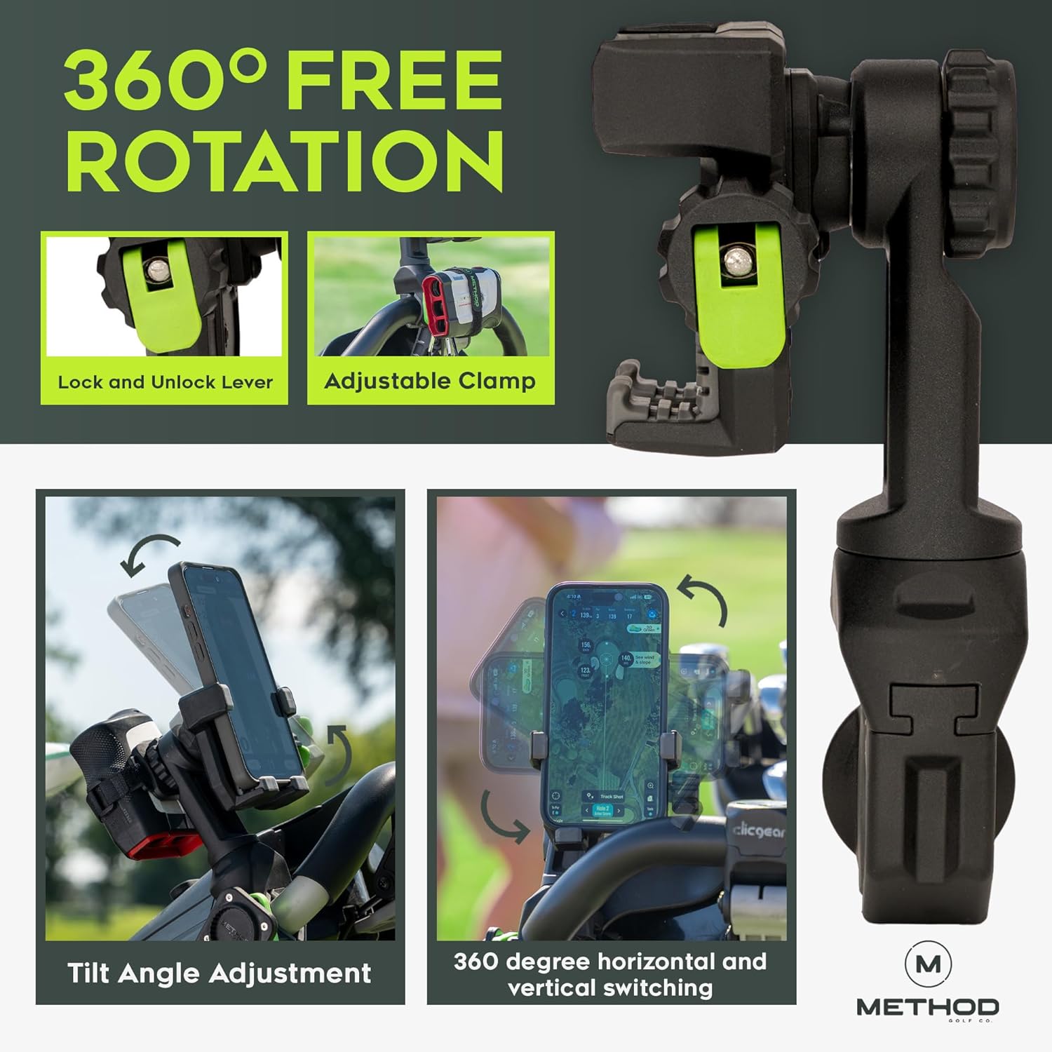 Method Golf PushStack Magnetic Phone Holder for Push Carts with Secure Magnetic Strap Mount for Golf Rangefinders – Universal Fit for Most Phones – Quick Clamp Design for Walking Golfers