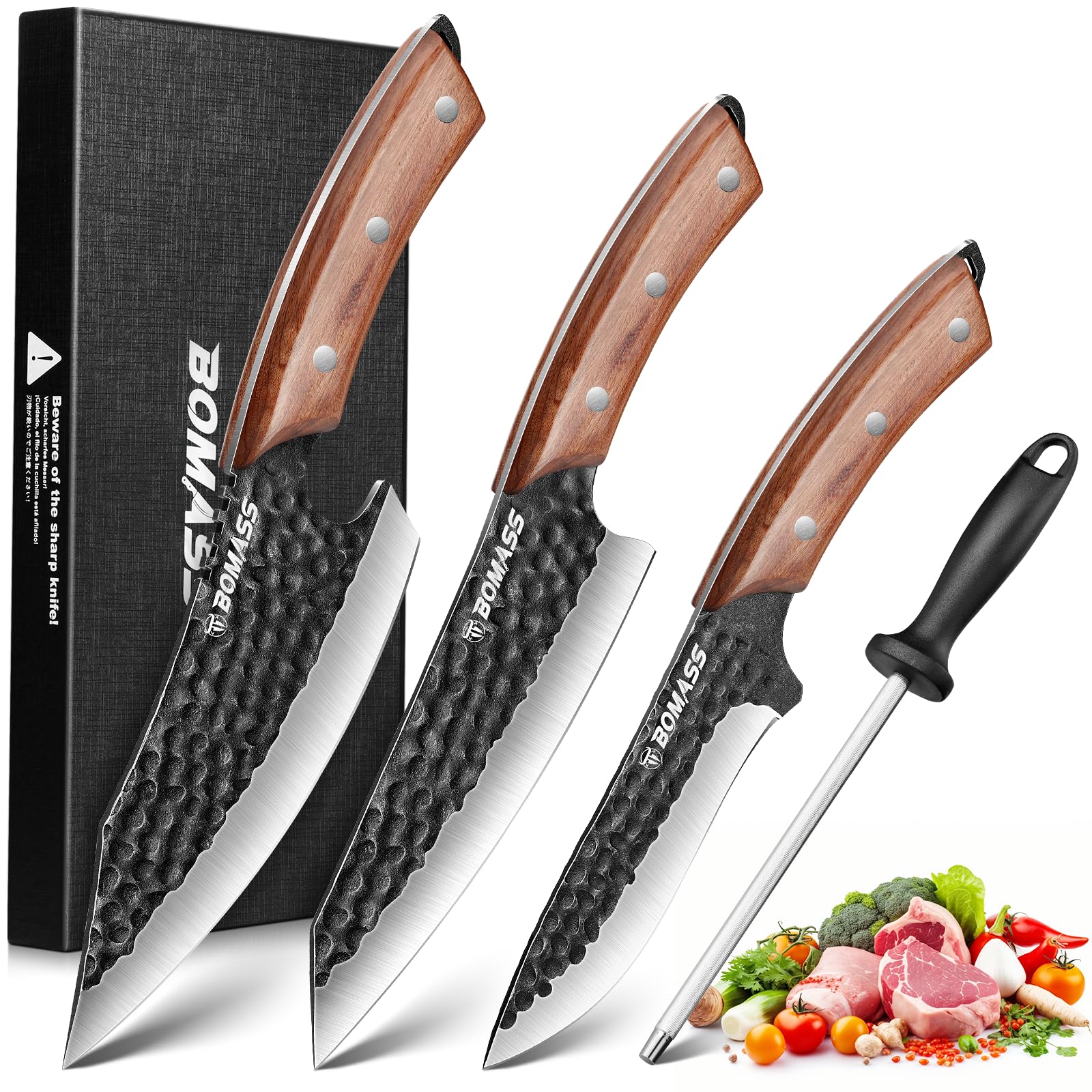 Kitchen Knives Hand Forged Japanese Knife Set 3Pcs High Carbon Butcher Knife Santoku Knife Boning Knife Honing Rod