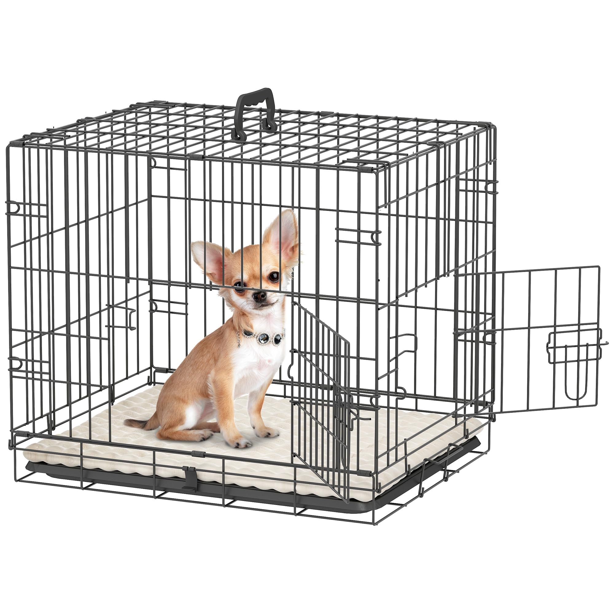 PawHut Jaula para Perros Plegable, Jaula para Perros Pequeños con Cojín, 2 Puertas, Bandeja Extraíble y Marco de Alambre Metálico, 60x45x50 cm, Negro y Beige