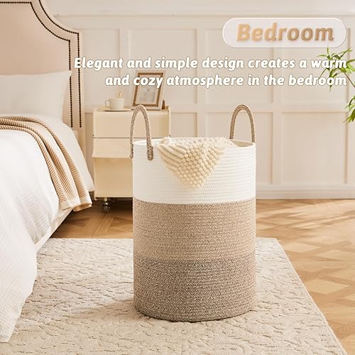 Miniatura 4 de Cesta de lavandería de cuerda de algodón tejida, 60 litros para almacenamiento decorativo de ropa sucia, juguetes y mantas en el baño, dormitorio y