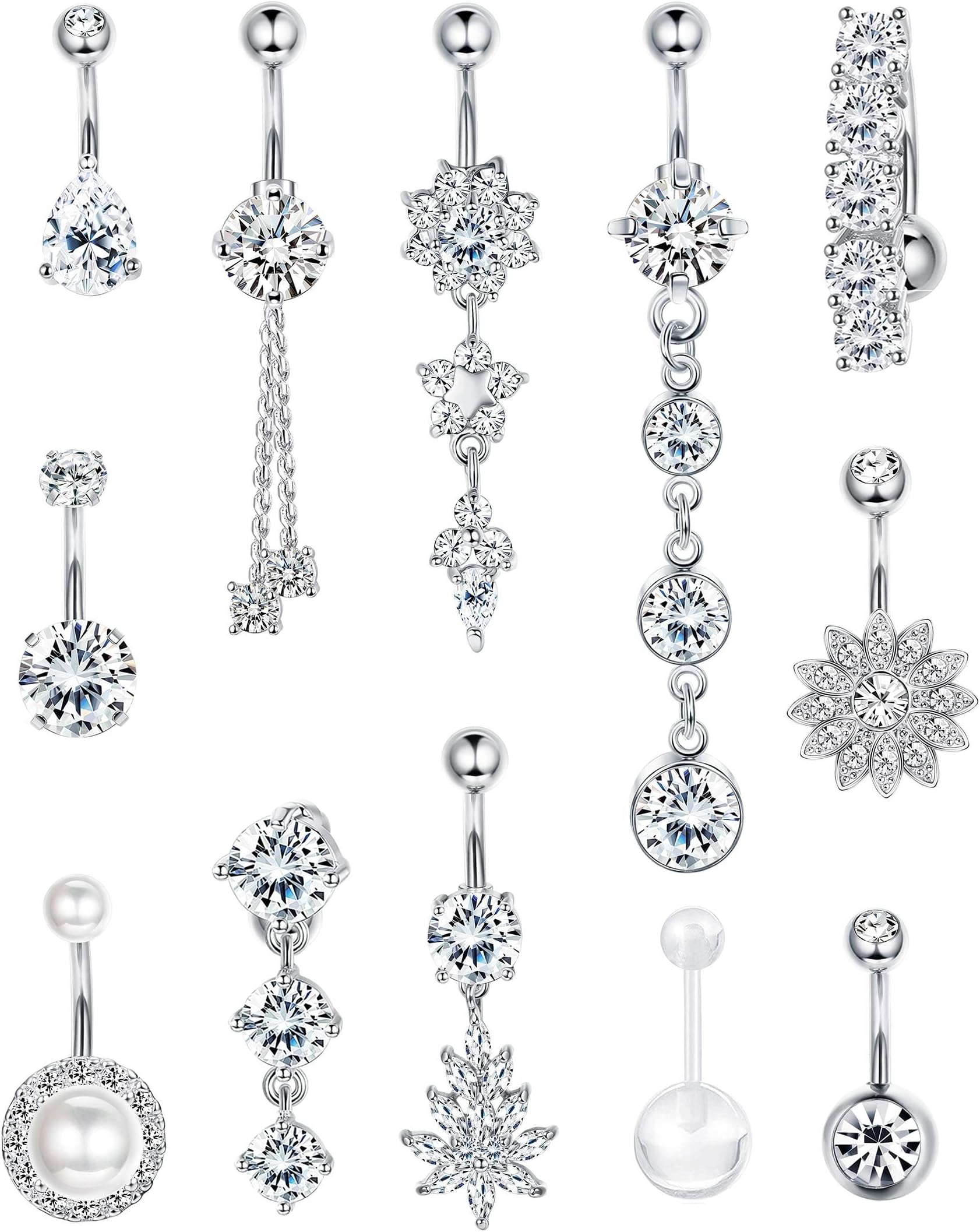 FIBO STEEL 14G Belly Button Rings Dangle 316L Stainless Steel Belly Rings for Women Navel Piercing Jewelry 12 Pcs