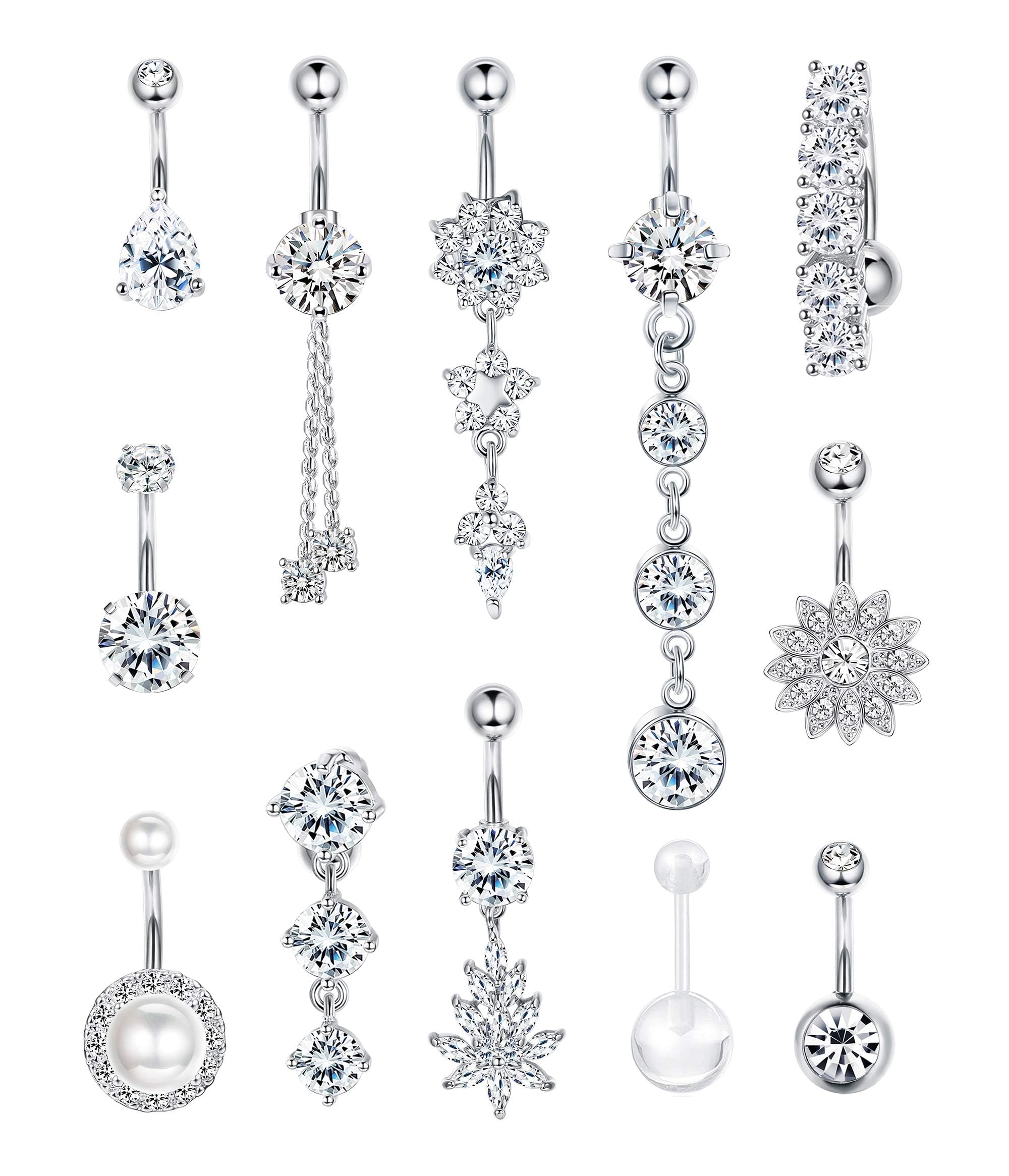 14G Belly Button Rings Dangle 316L Stainless Steel Belly Rings for Women Navel Piercing Jewelry 12 Pcs