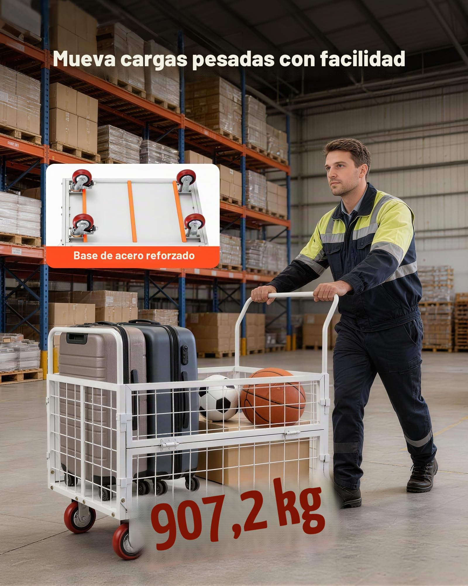 VEVOR Carro Plataforma Plegable con Jaula 1130 x 675 mm, Carretilla de Transporte Carga de 907,18 kg, Carrito Portaequipajes con Ruedas de PU de 150 mm, para Tareas Domésticas, Almacén, Mudanza