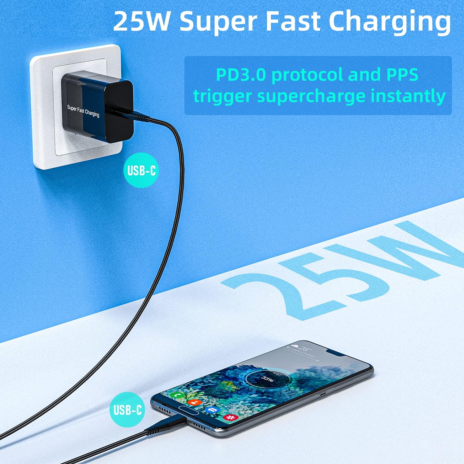25W USB C Charger and Cable for Samsung Galaxy S23/S23 Plus/S21/S21 Plus/S22 Ultra/S20 FE A14 A53 A52 5G,A51 Z Flip 3/Z Fold 3 4,Note 10 20,Pixel 6 7 Pro,Super Fast Charging Block Wall Power Adapter
