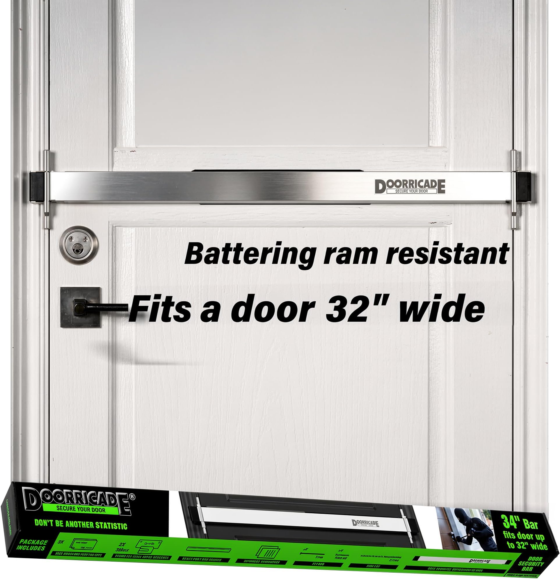Door Security Bar-by Doorricade-Secure The Entire Width of Your Inward Opening Front Door or Safe Room. fits Doors up to 32" Wide.