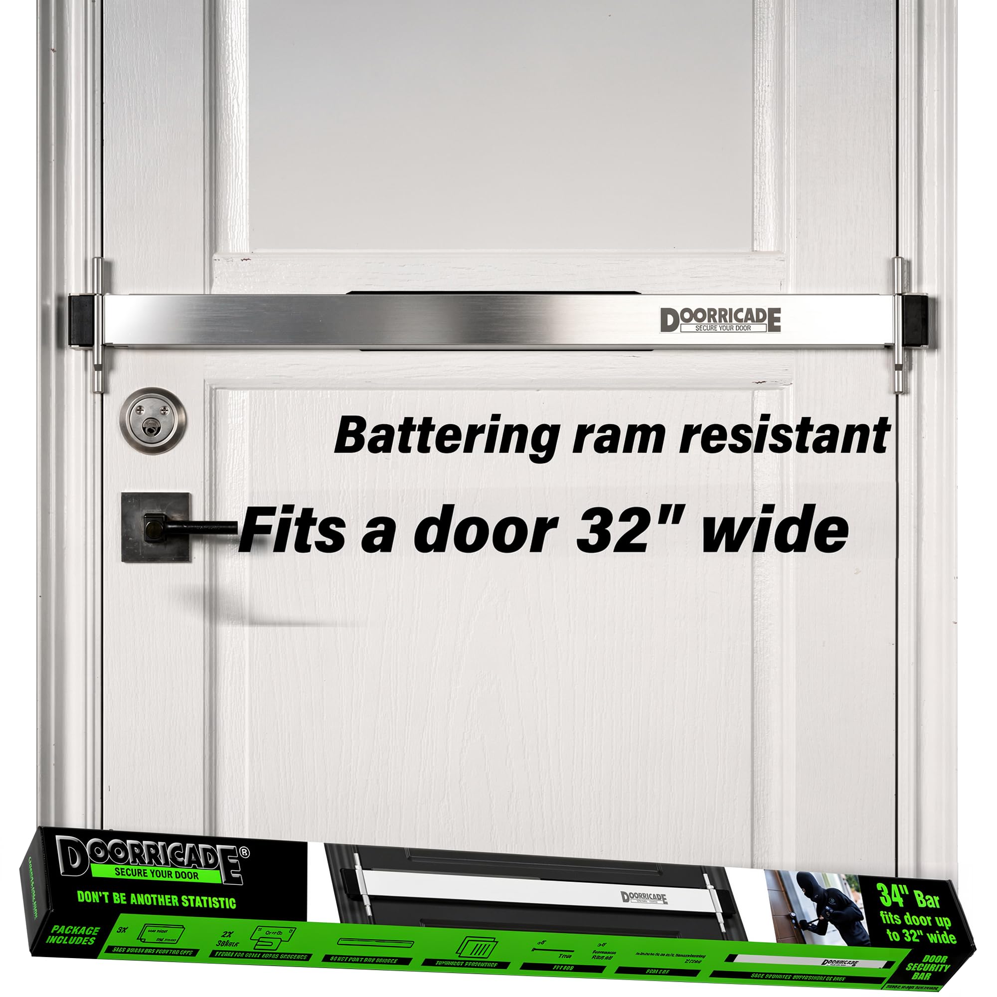 Doorricade Barre de sécurité pour Porte – Sécurisez Toute la Largeur de Votre Porte Qui s'ouvre vers l'intérieur avec Une Serrure de barrière de sécurité appropriée.