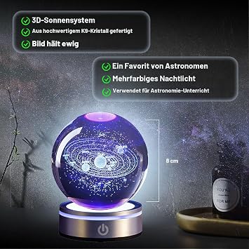 3D Planet Crystal Ball 3D Crystal Ball Night Light 3D Solar System Crystal Ball with LED Colourful Night Light Base USB Data Cable Astronomy Gifts Planet Model for Desk Decoration