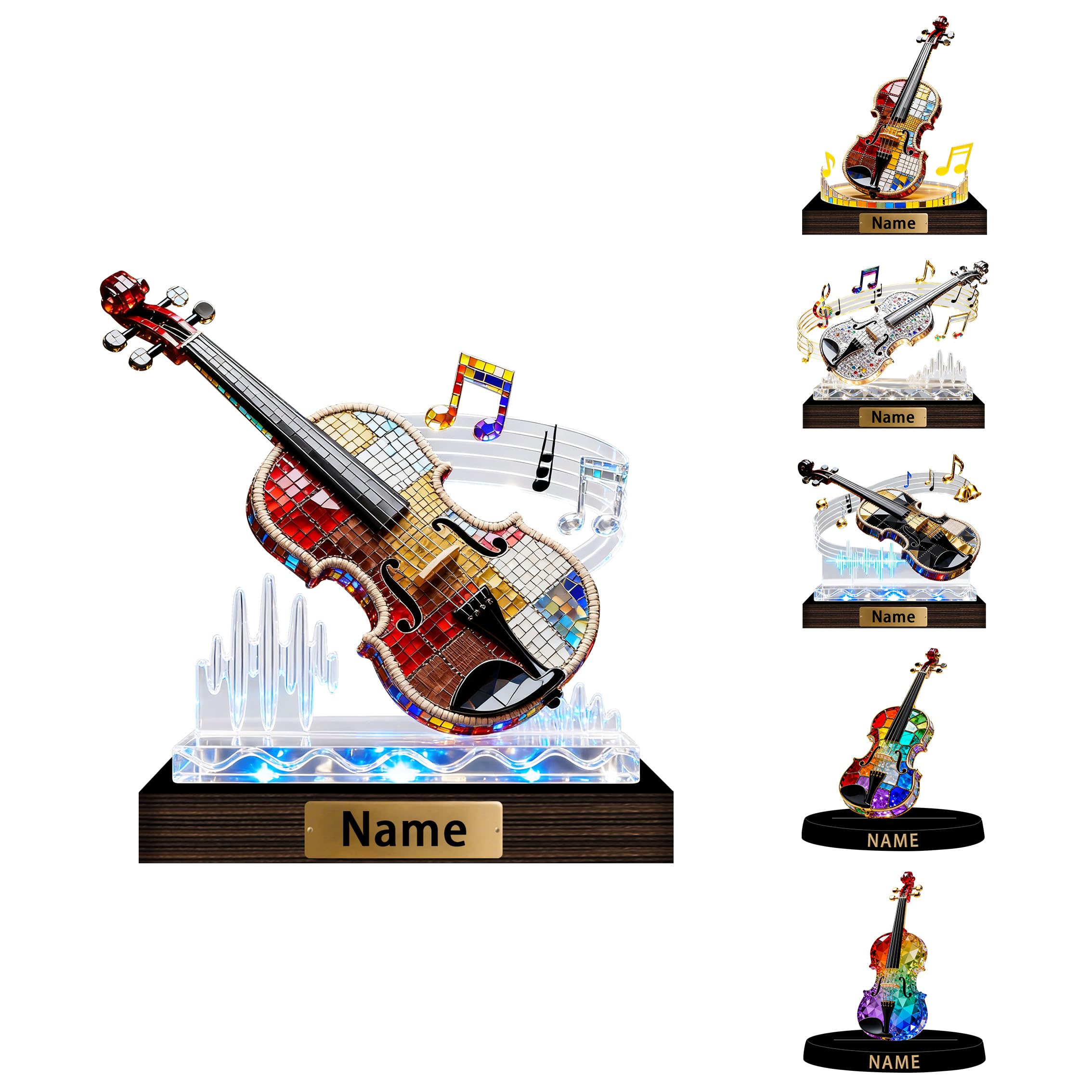 SweetJECCU Personalized Stained Glass Violin Night Light Custom Name Multiple Color Changing LED Violin Lamp, Light Up Violin Desk Ornament, Birthday Christmas Gifts for Music Lovers (Plaque-Violin)