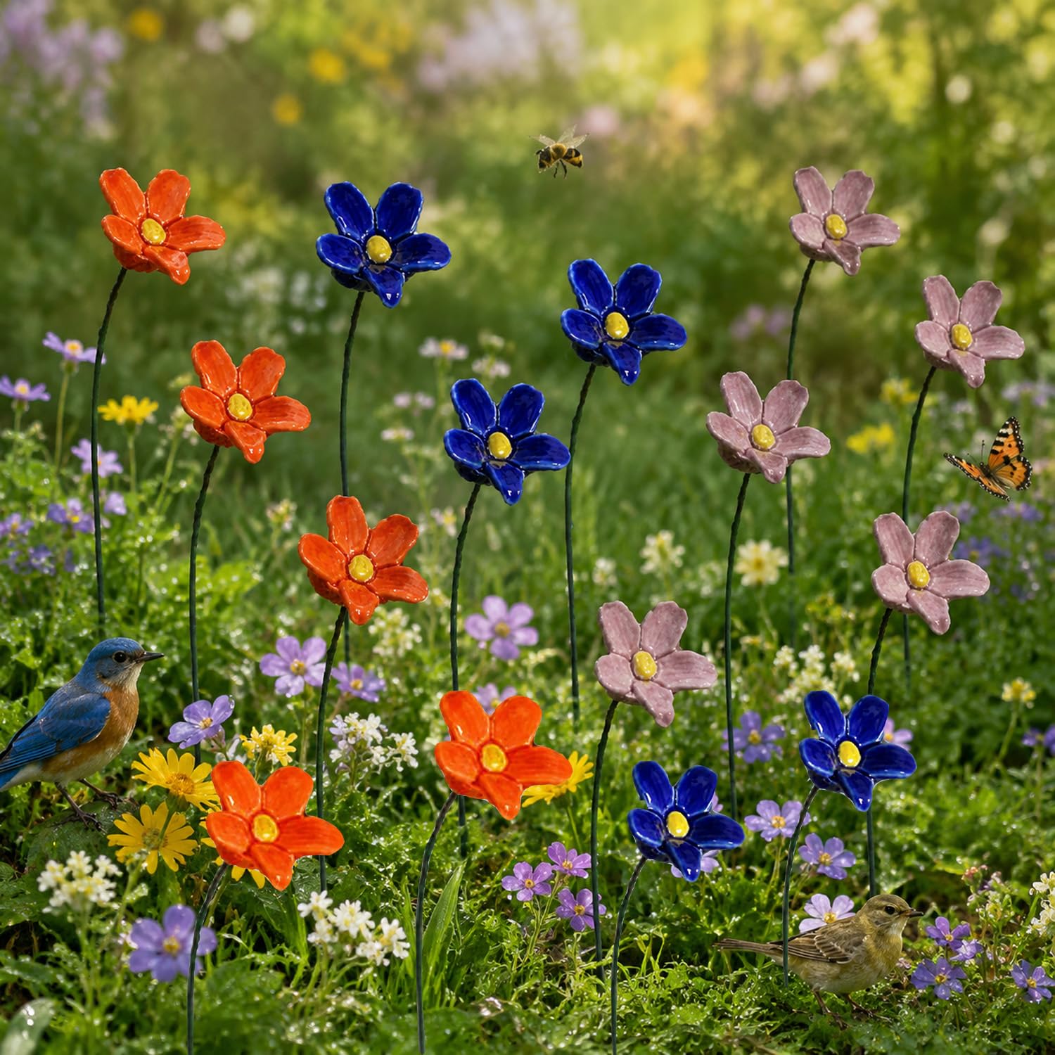Ceramic Flower Pollinator Water Feeders, Outdoor Garden Stakes for Bees, Butterflies and Hummingbirds, Weather-Resistant Garden Decor for Pollinators (15 red and blue)