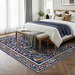 Navy Blue Rugs for Living Room, 5x7 Machine Washable Area Rug Floral Non-Slip Low Pile Large Living Room Carpet,Whimsical Peacock Rugs for Bedroom, Farmhouse, Dining Room, Kids Playroom