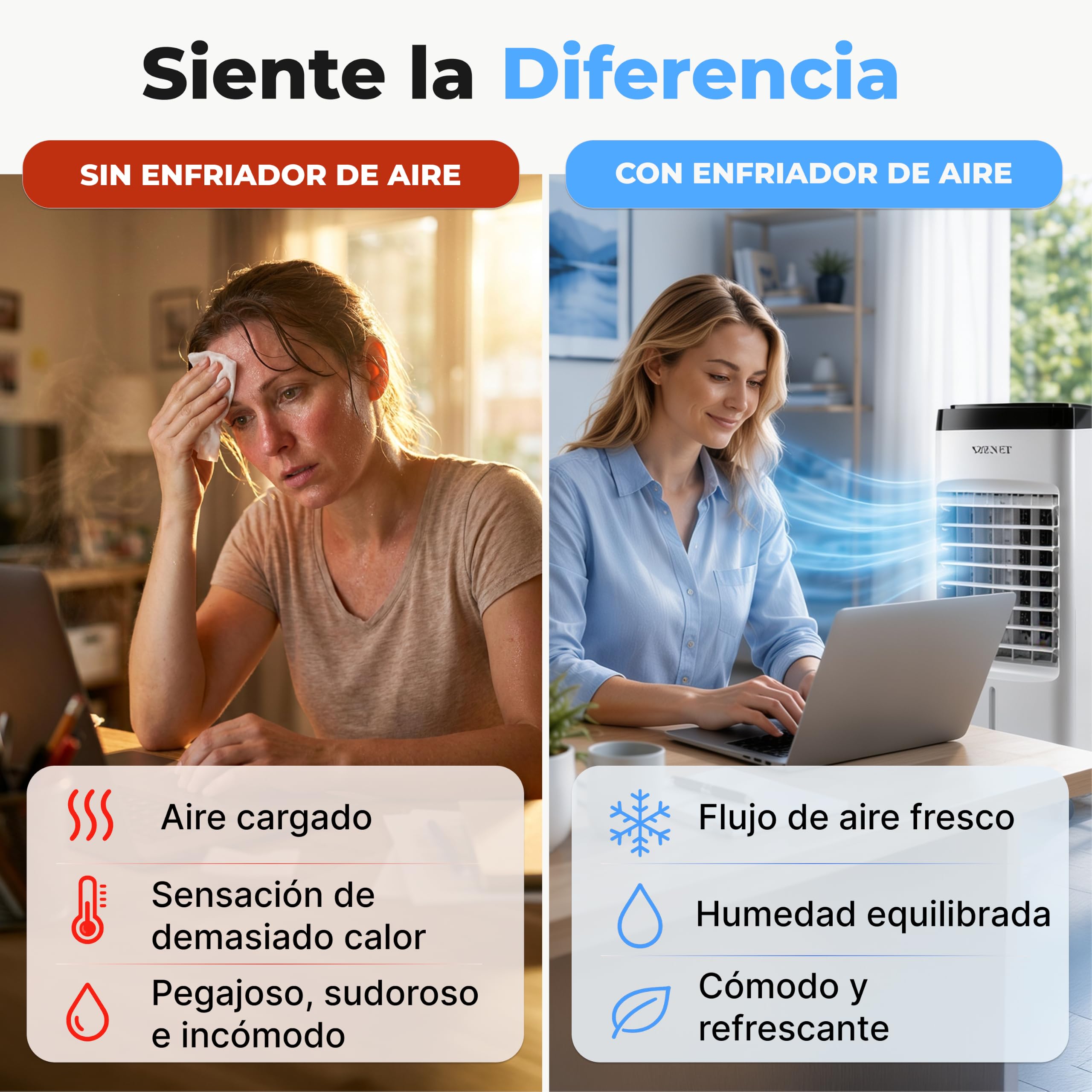 ZENET Aire Acondicionado Portátil 4 en 1, Climatizador Evaporativo 3.5L 65W | Ventilador con Agua, Enfriador, Humidificador, Purificador de Aire, Silencioso, Mando, para Hogar y Oficina, Sin Instalación