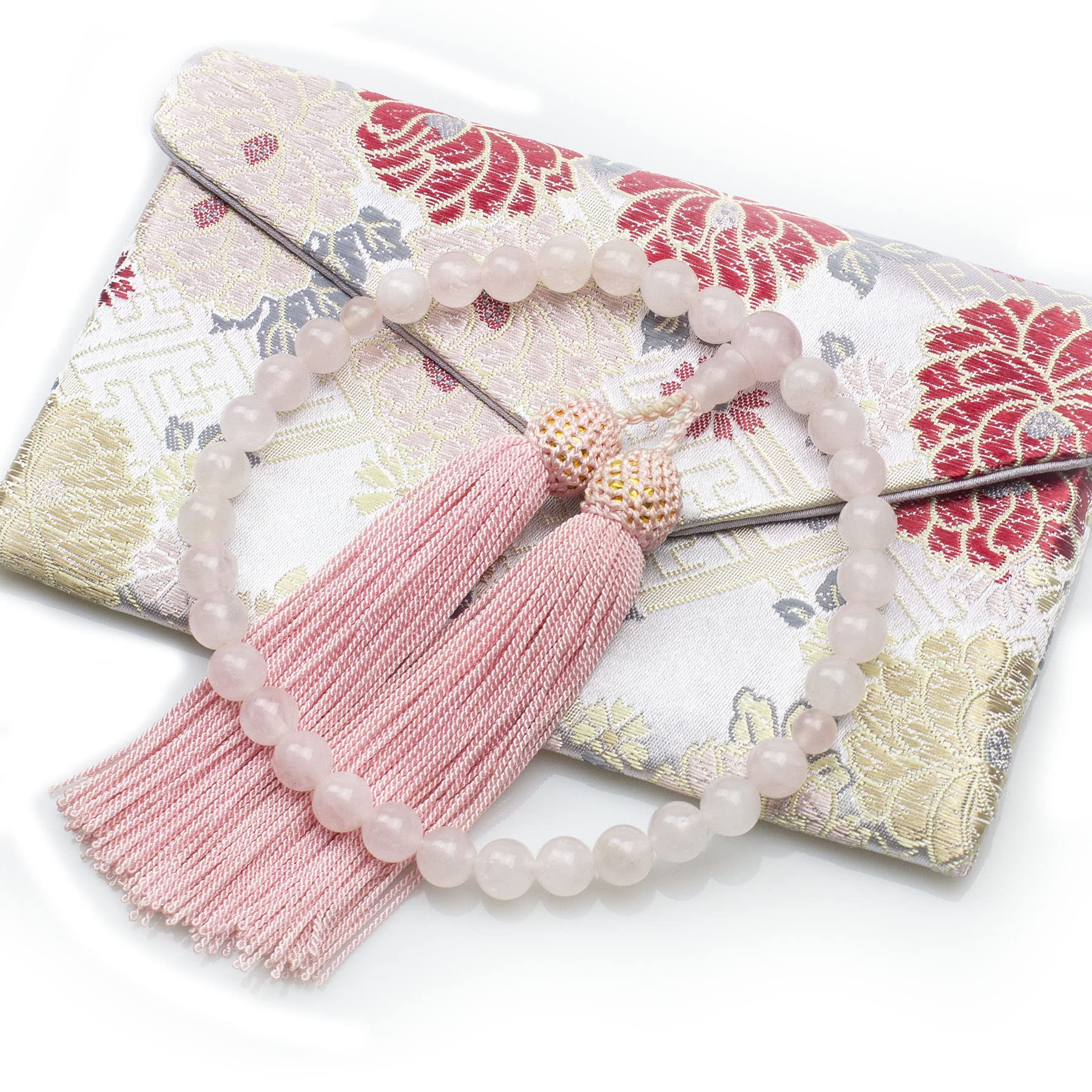 Amazon｜数珠 女性用 紅水晶（ローズクォーツ） 8mm玉 正絹梵天房