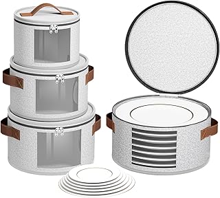 4 Piece China Storage Containers, Dish Storage Containers with Clear Windows, Hard Shell Plate Organizer with Handles, Stackable Stemware Storage Cases, Moving Boxes for Dishes, Plates, Light Gray