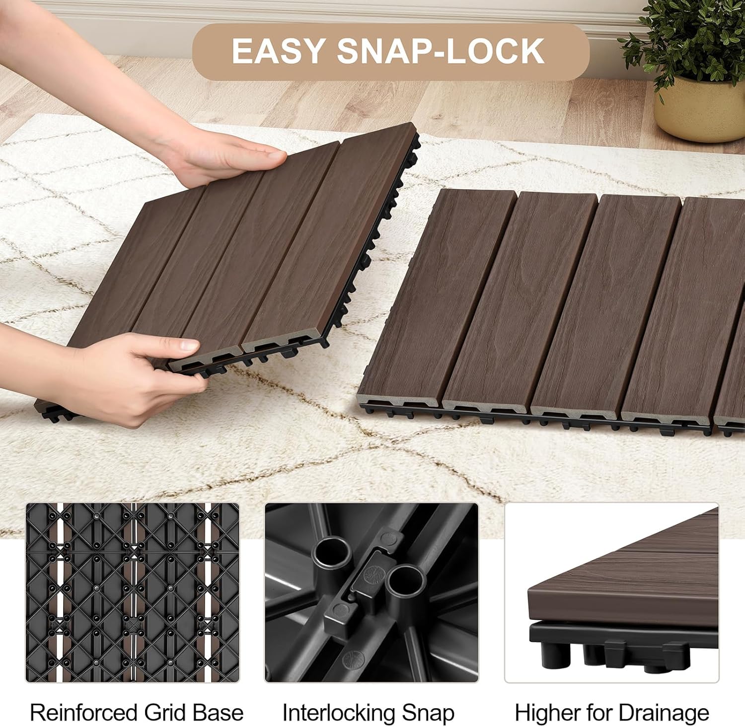 Skypatio Interlocking Deck Tiles 9 PCS, 12" x 12" All-Weather Plastic-Wood Outdoor Patio Flooring Tiles for Indoor, Balcony, Porch, Backyard, Poolside & Garden (Dark Brown)