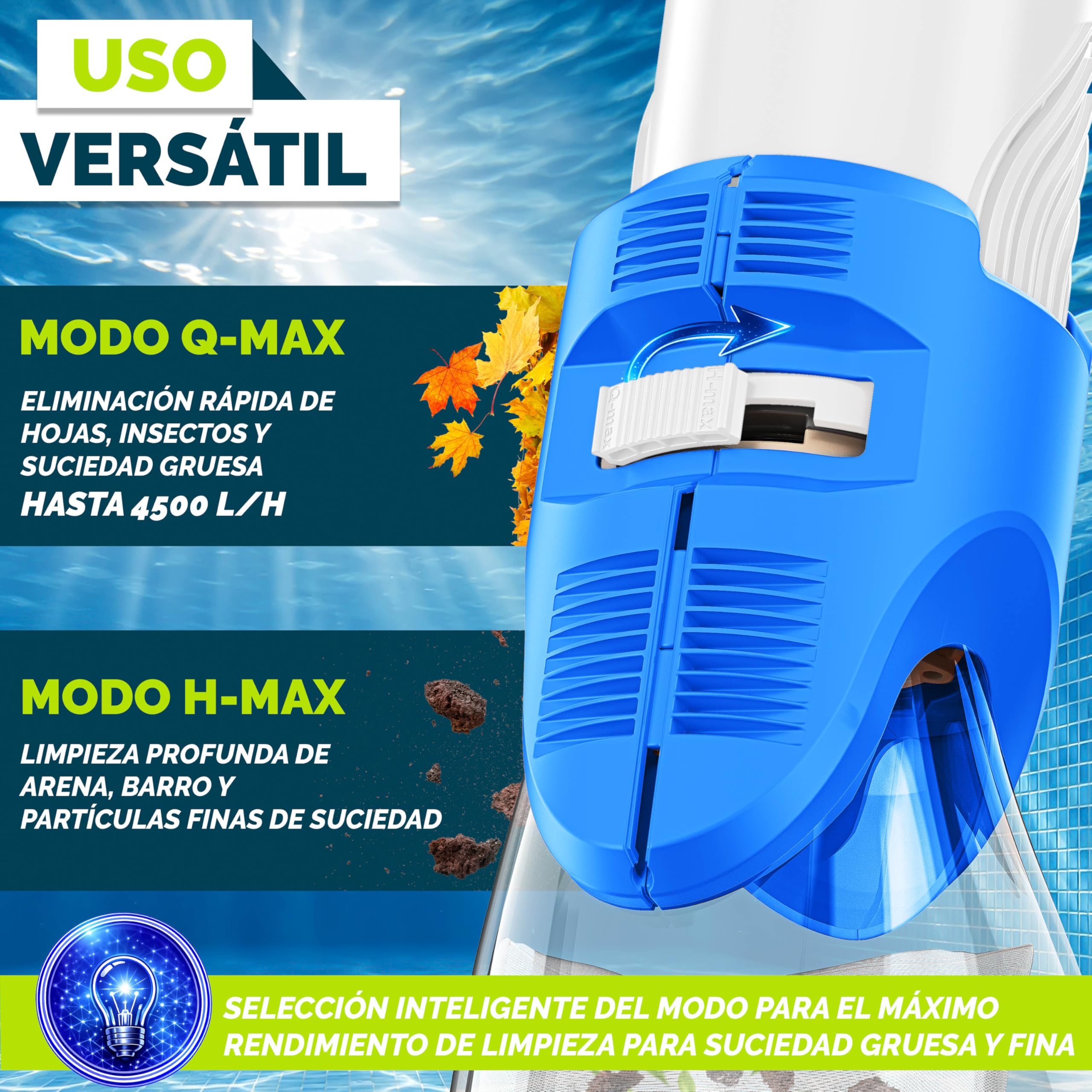 tillvex Aspirador de Piscina con batería y Barra telescópica + Filtro de Repuesto de hasta 15 m³ | Aspiradora eléctrica para Piscina con Filtro y 60 min de autonomía | Set de Limpieza inalámbrico